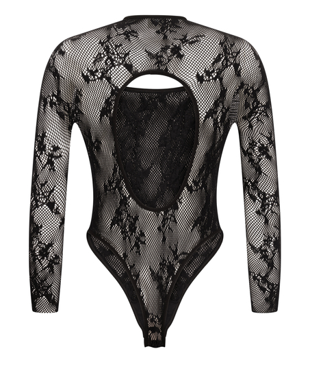 Lace body med lange ærmer, Sort