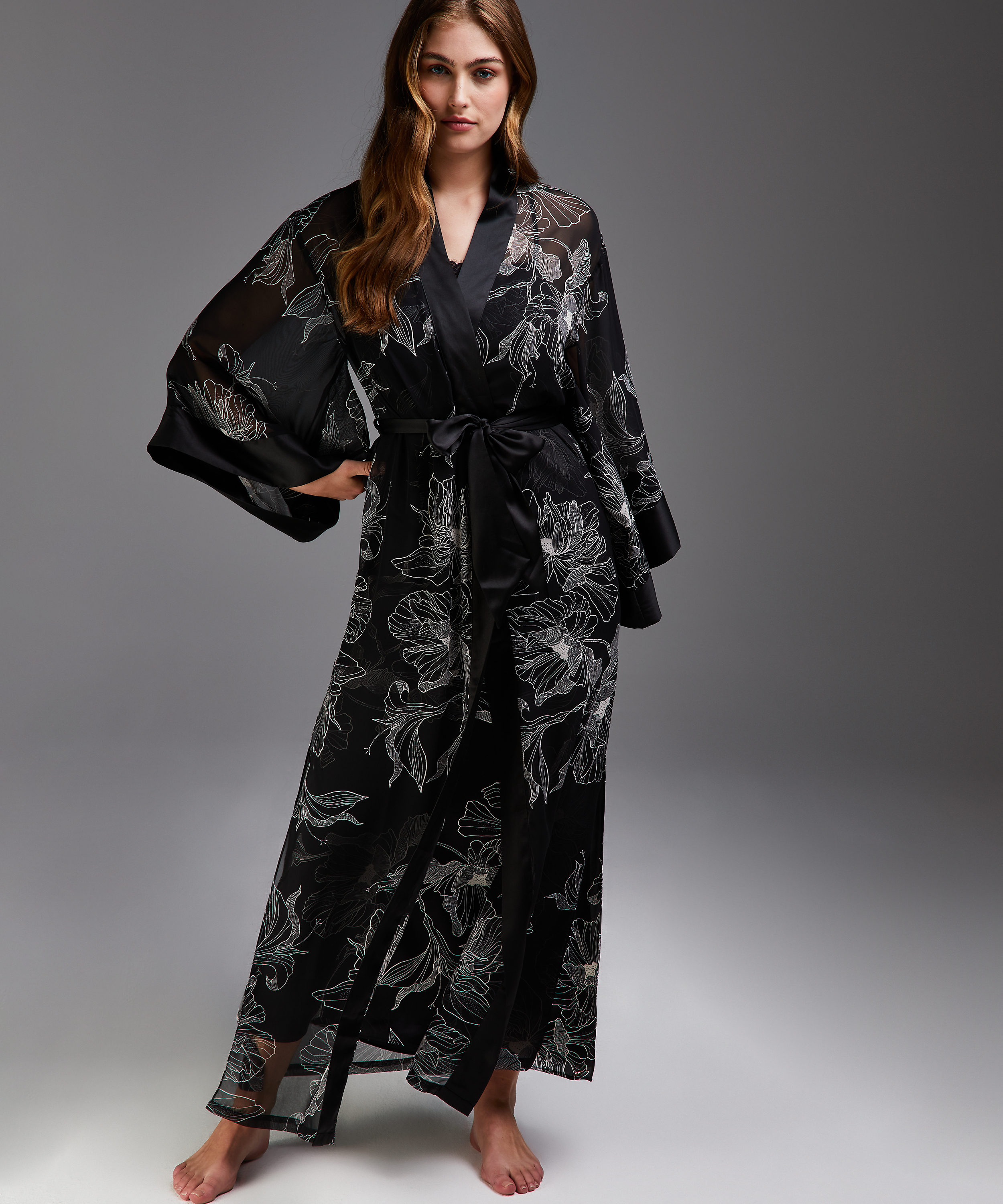 Kimono long chiffon lotus, Sort, main