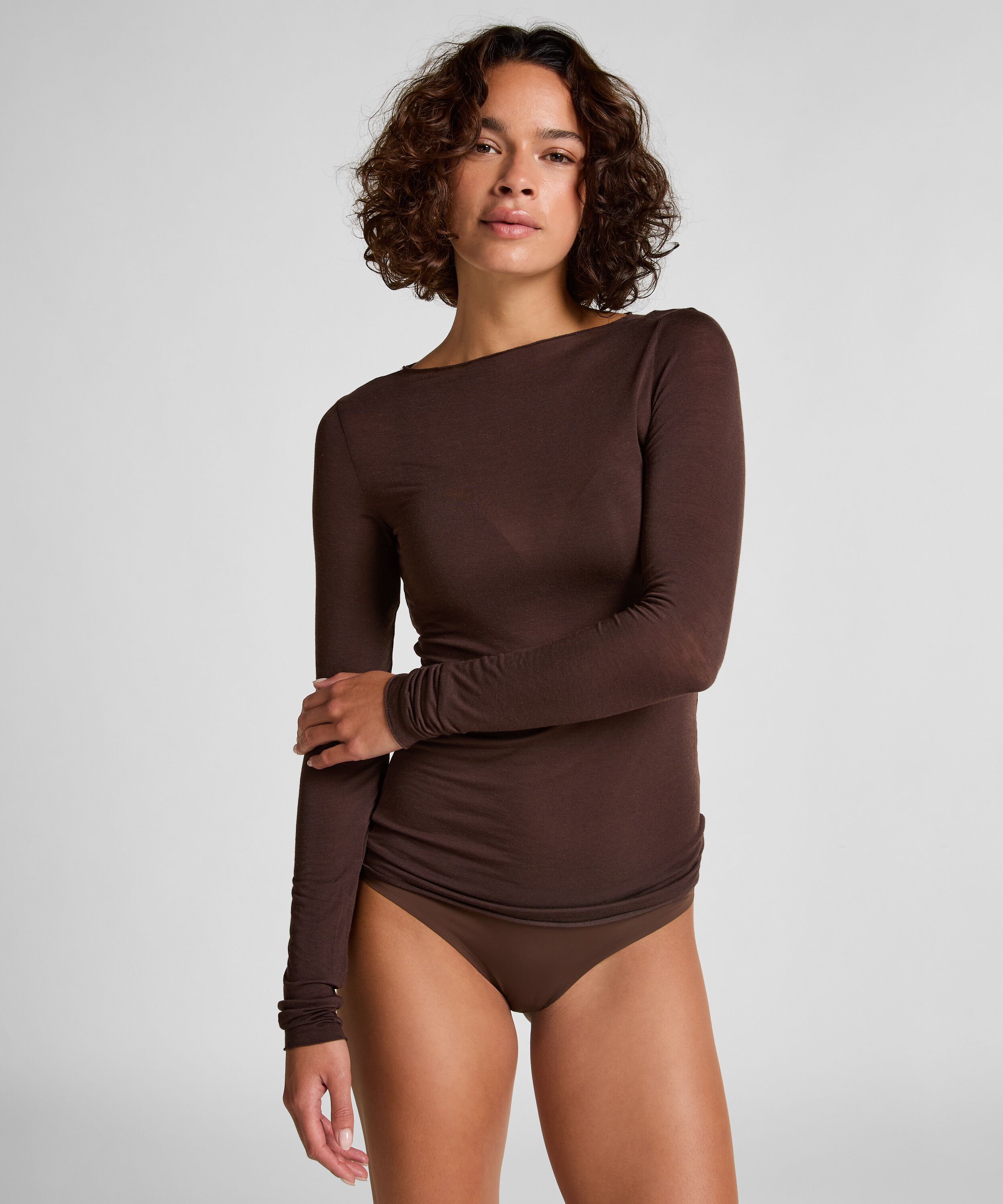 super soft bådhals bluse med cashmere, Brun