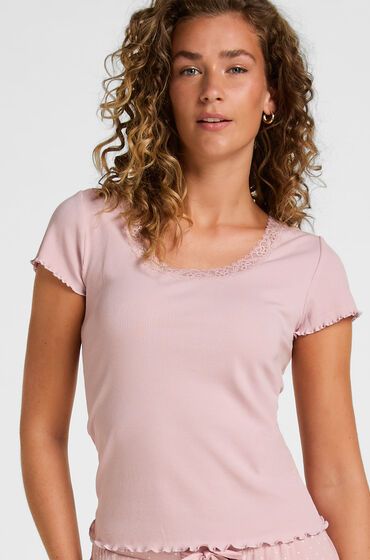 Hunkemöller Pyjamas Top Jersey Rib med Blonder Lyserød