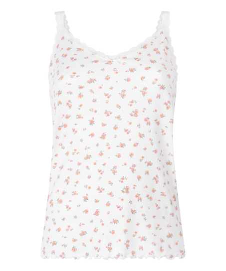 Ribstrikket cami med blonde, Hvid