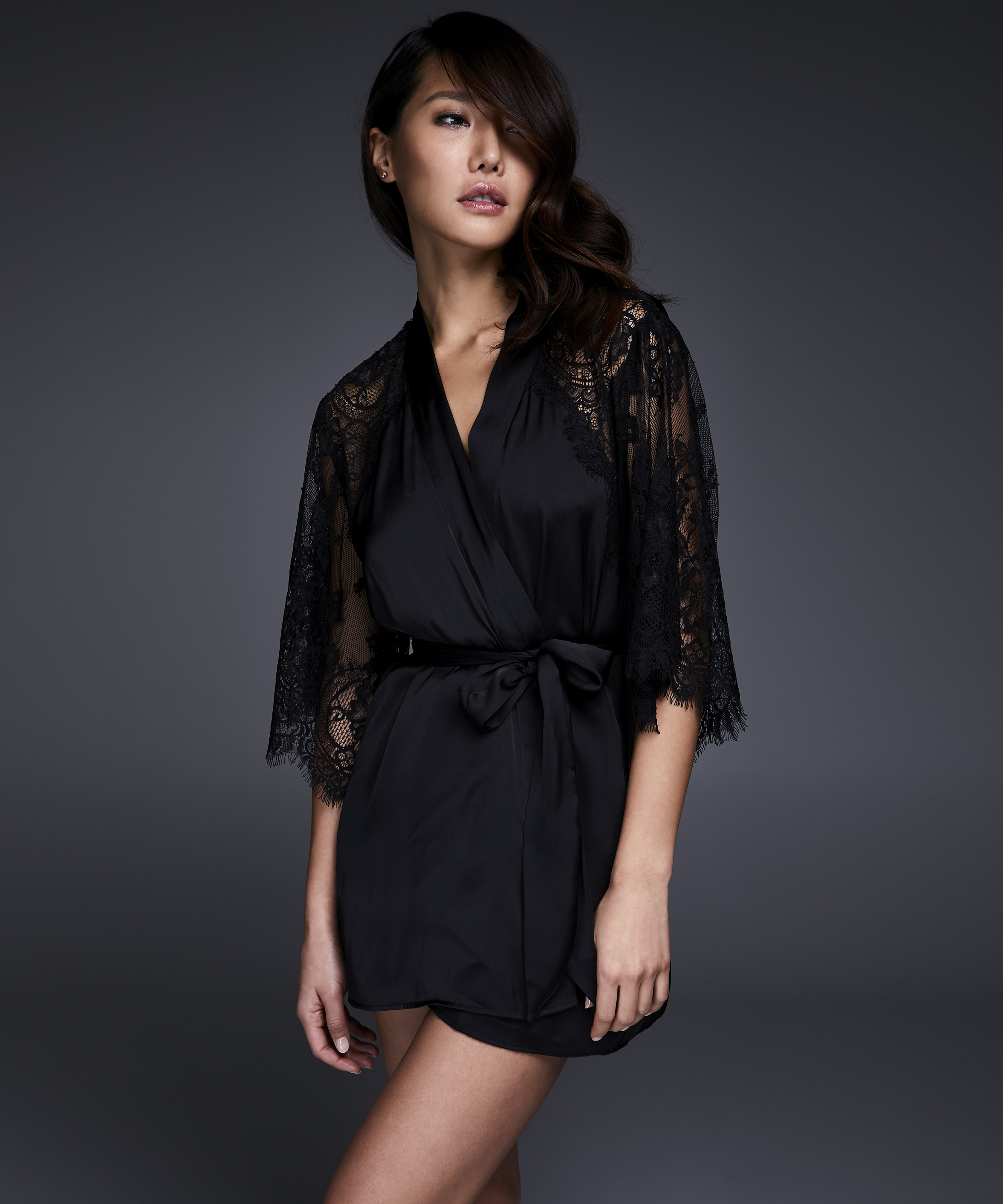 Flared Satin Lace kimono, Sort, main