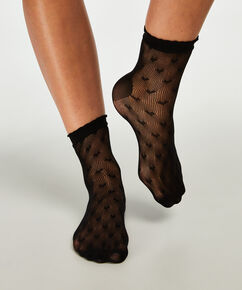 Fishnet-sokker med sm&aring; hjerter, sort