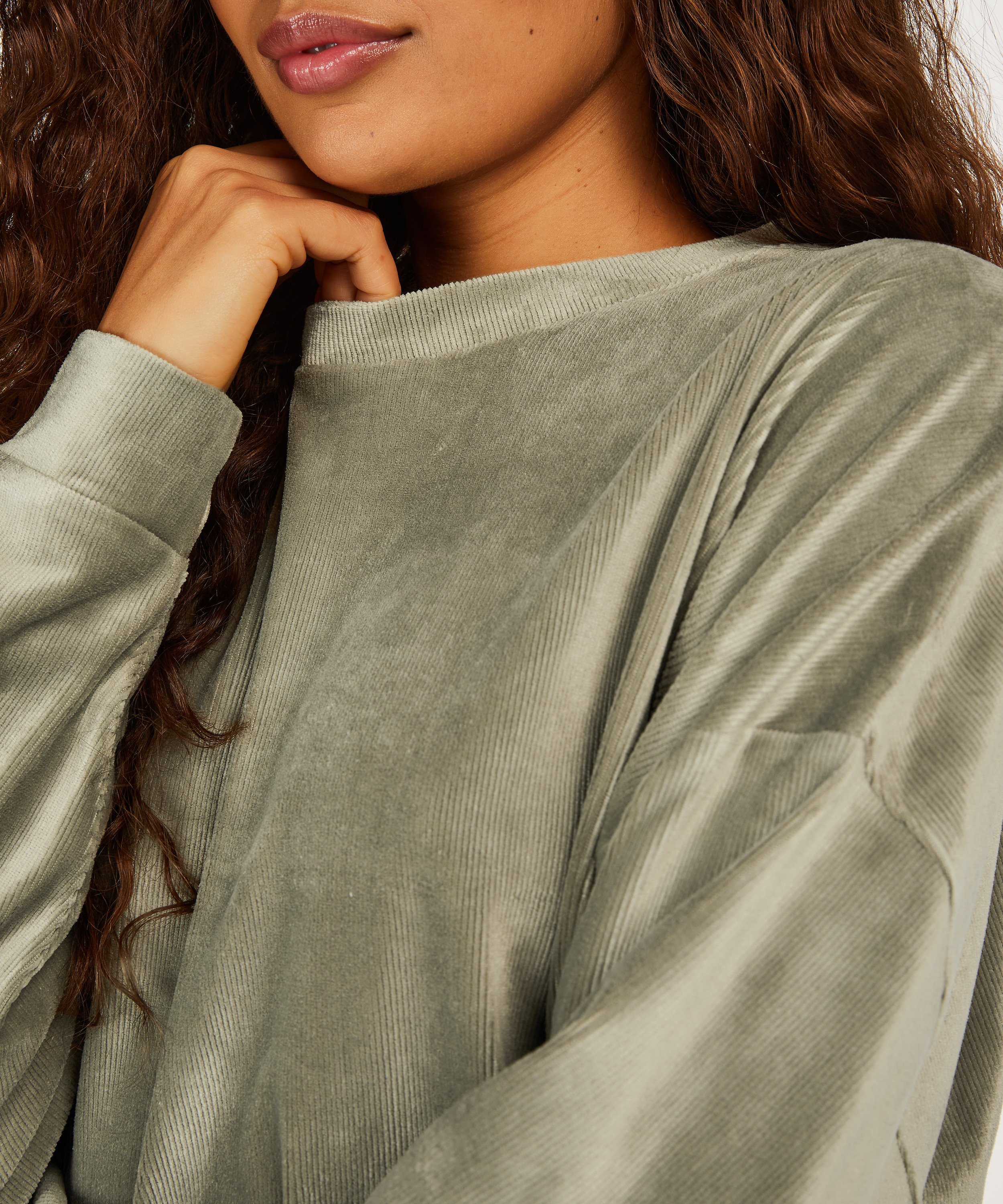 Top med lange &aelig;rmer velour rib, Gr&oslash;n, main