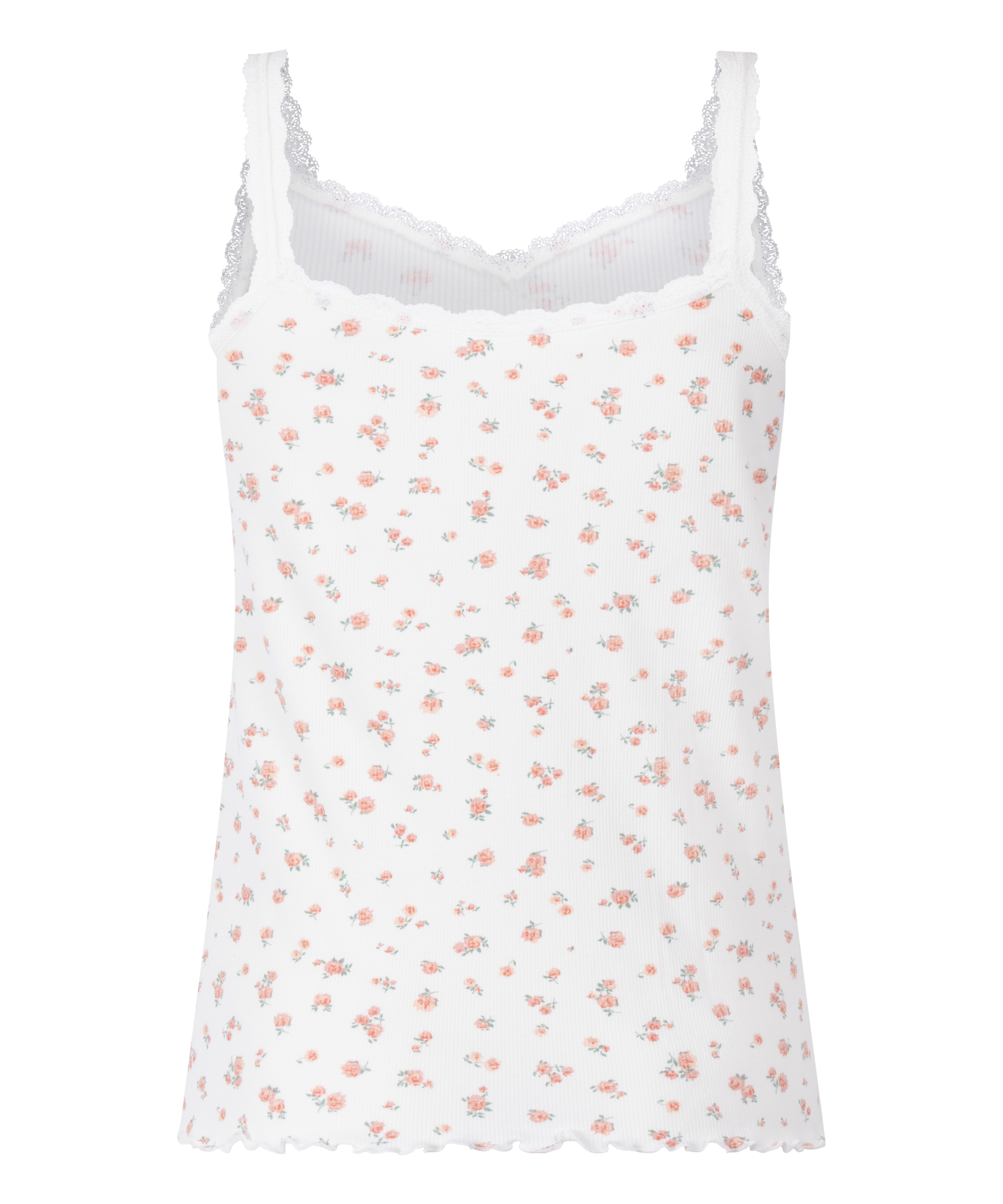 Ribstrikket cami med blonde, Hvid, main