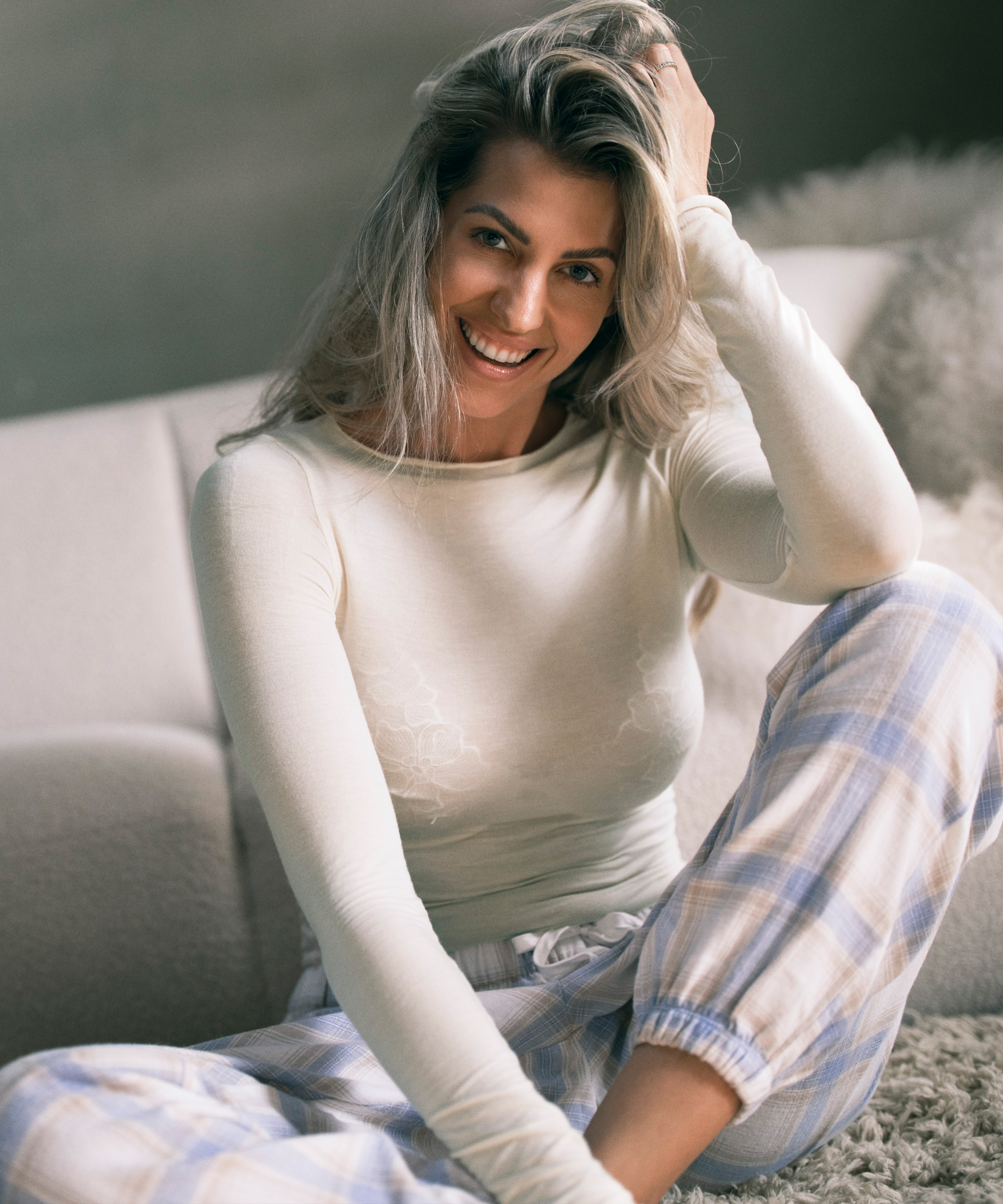 Petite Twill ternede pyjamasbukser, Bl&aring;, main