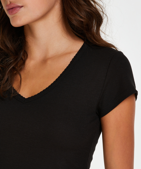 Pyjamastop korte ærmer rib, Sort