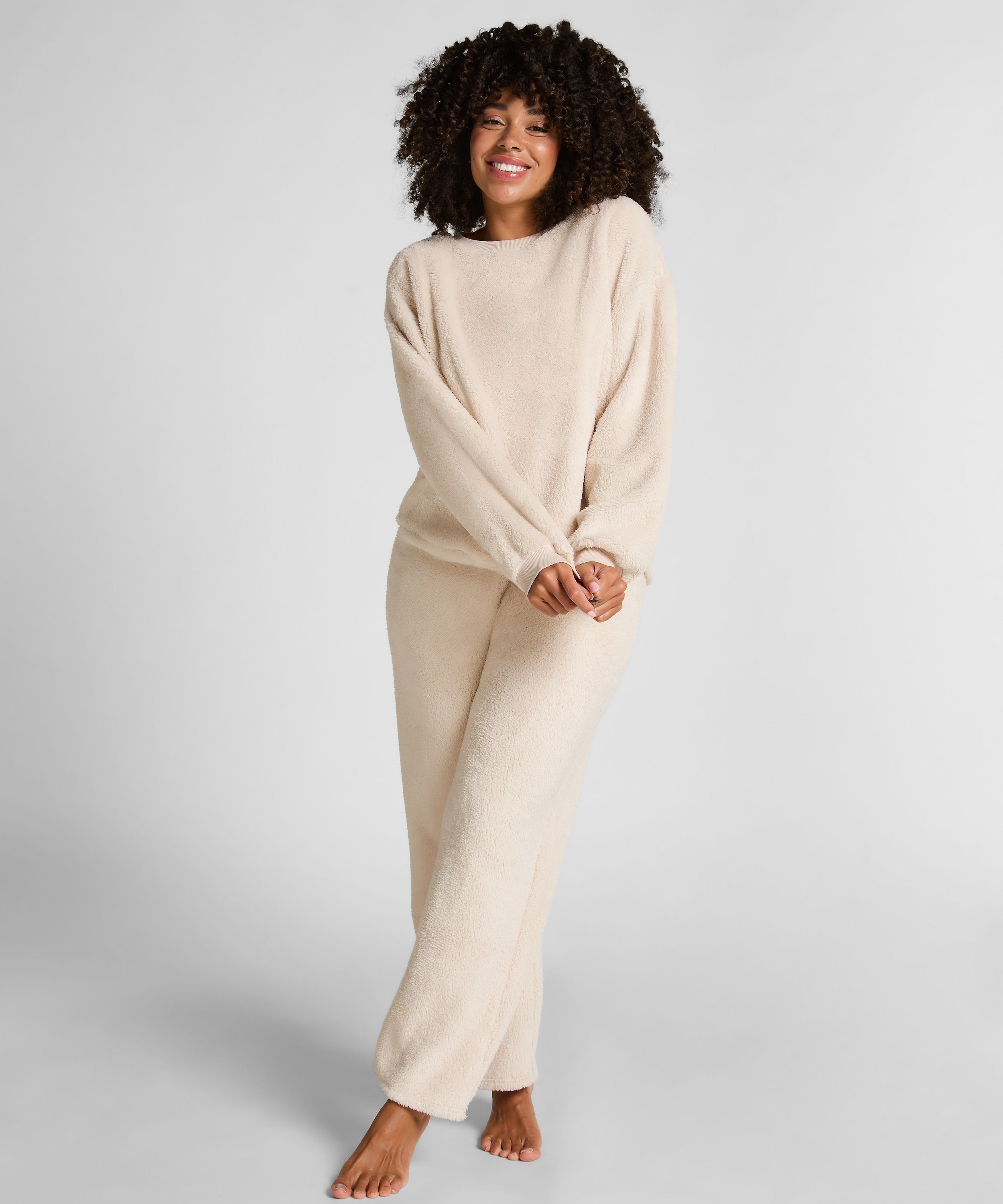 Langærmet top i blød fleece, Beige, main