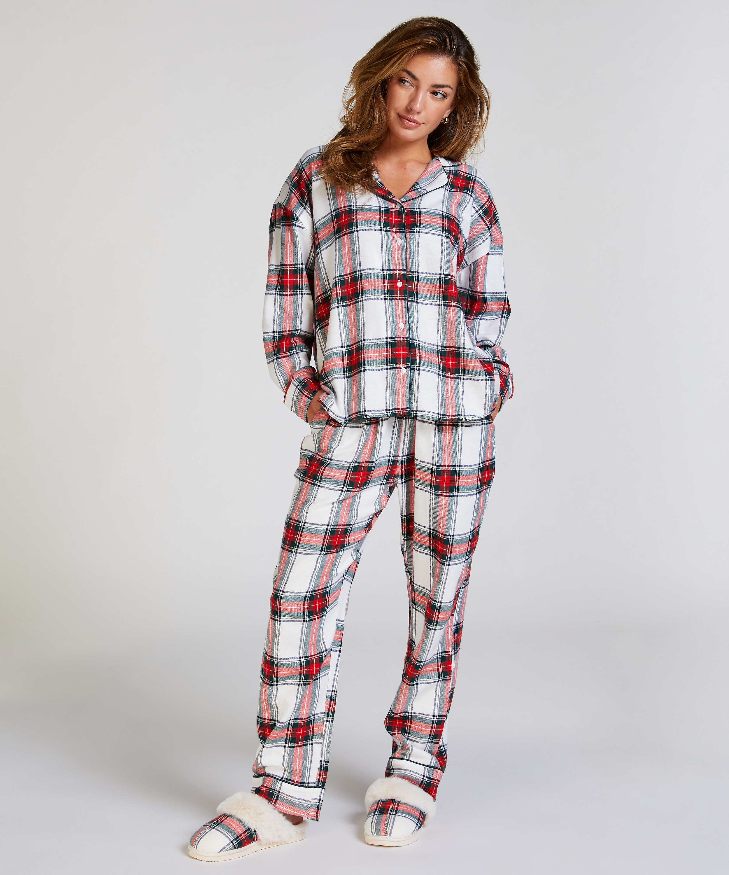 Pyjamastop af flonel, Hvid, main
