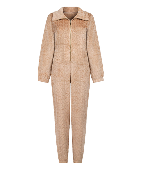 Onesie-jumpsuit i kabel med lynl&aring;s, Beige