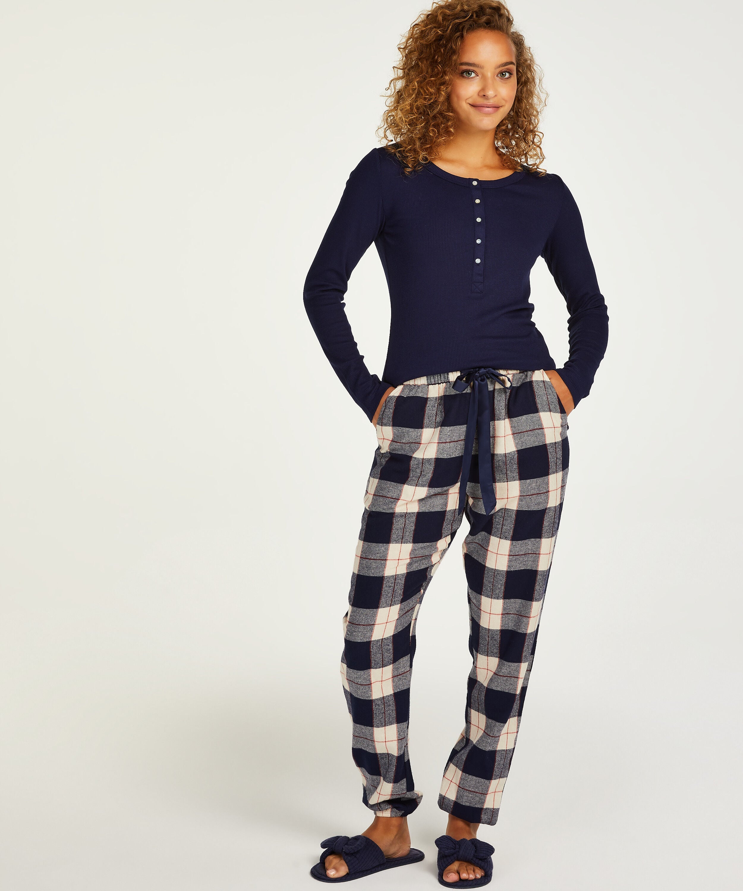 Twill Check Cuff pyjamasbukser, Blå