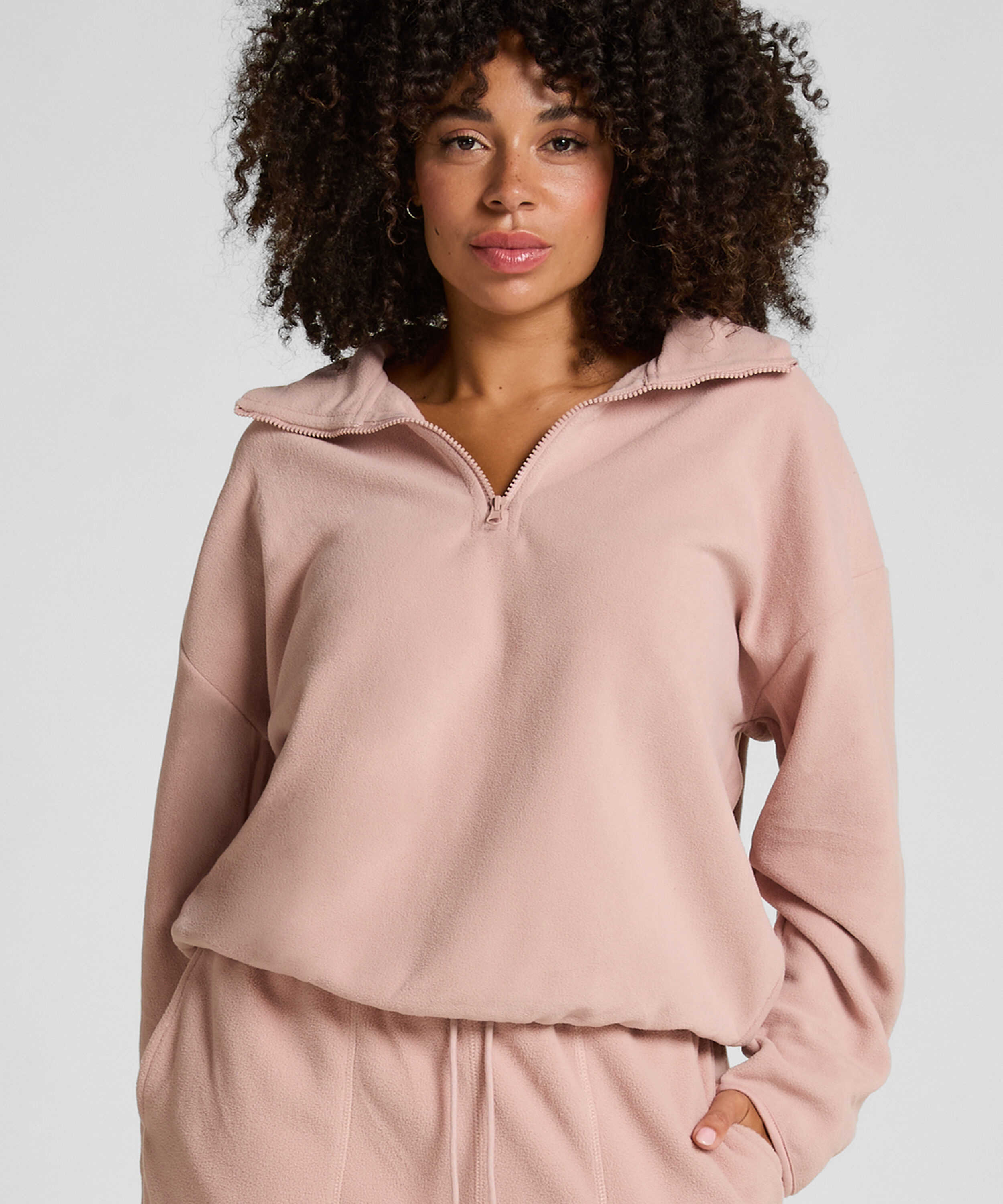 Overdel med halv lynlås sporty fleece, Lyserød