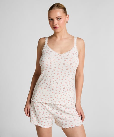 Ribstrikket cami med blonde, Hvid