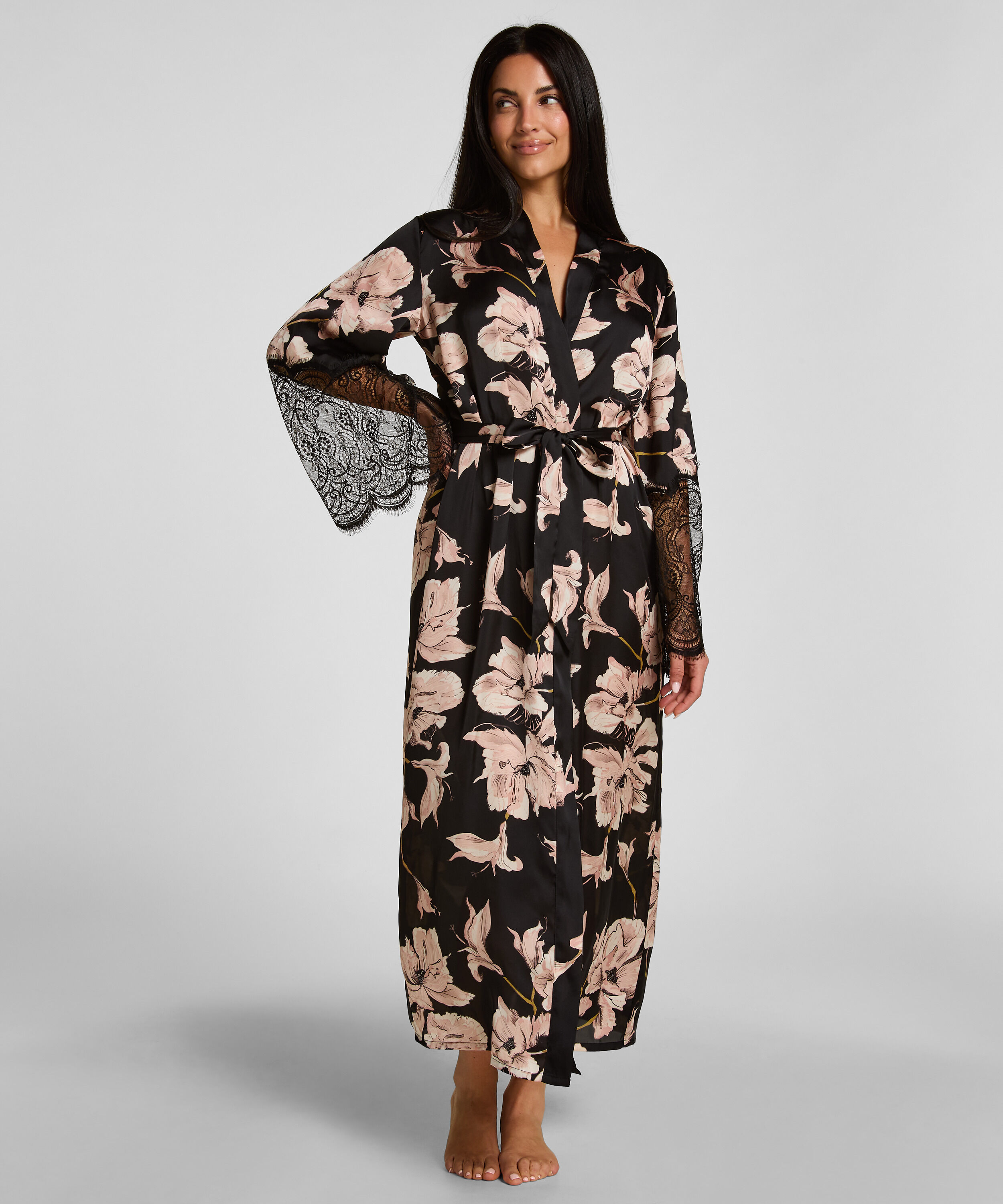 Lang kimono satinbånd, Sort