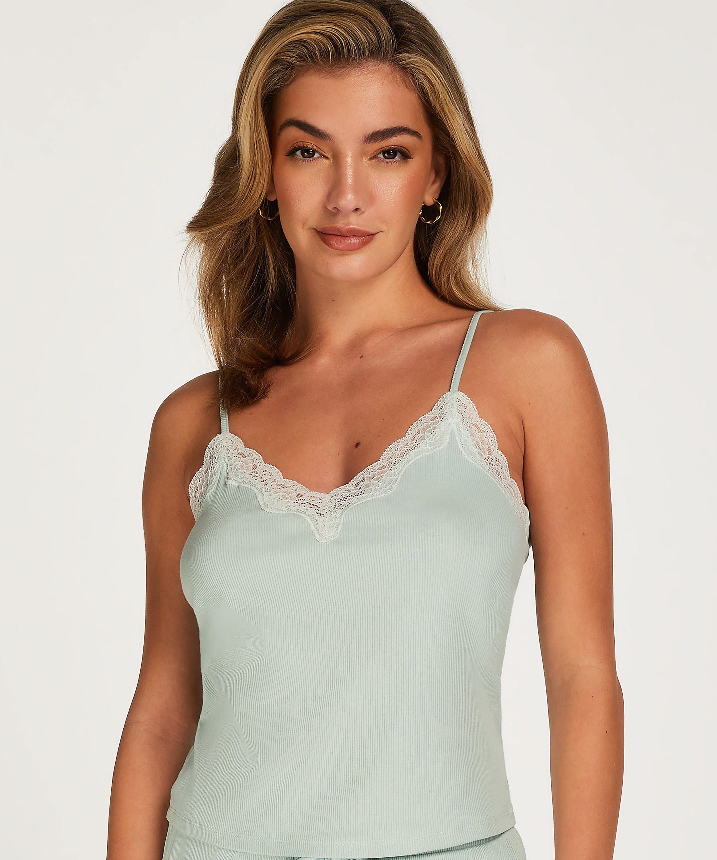 Cami Rib Lace top, Gr&oslash;n, main