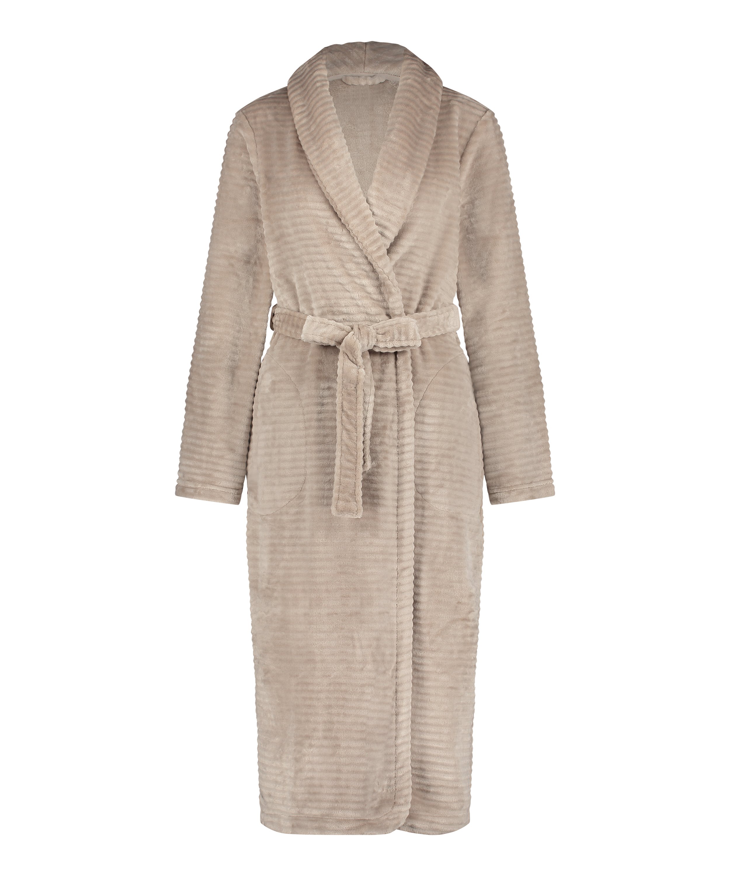 Lang ribstrikket badekåbe i fleece, Beige, main