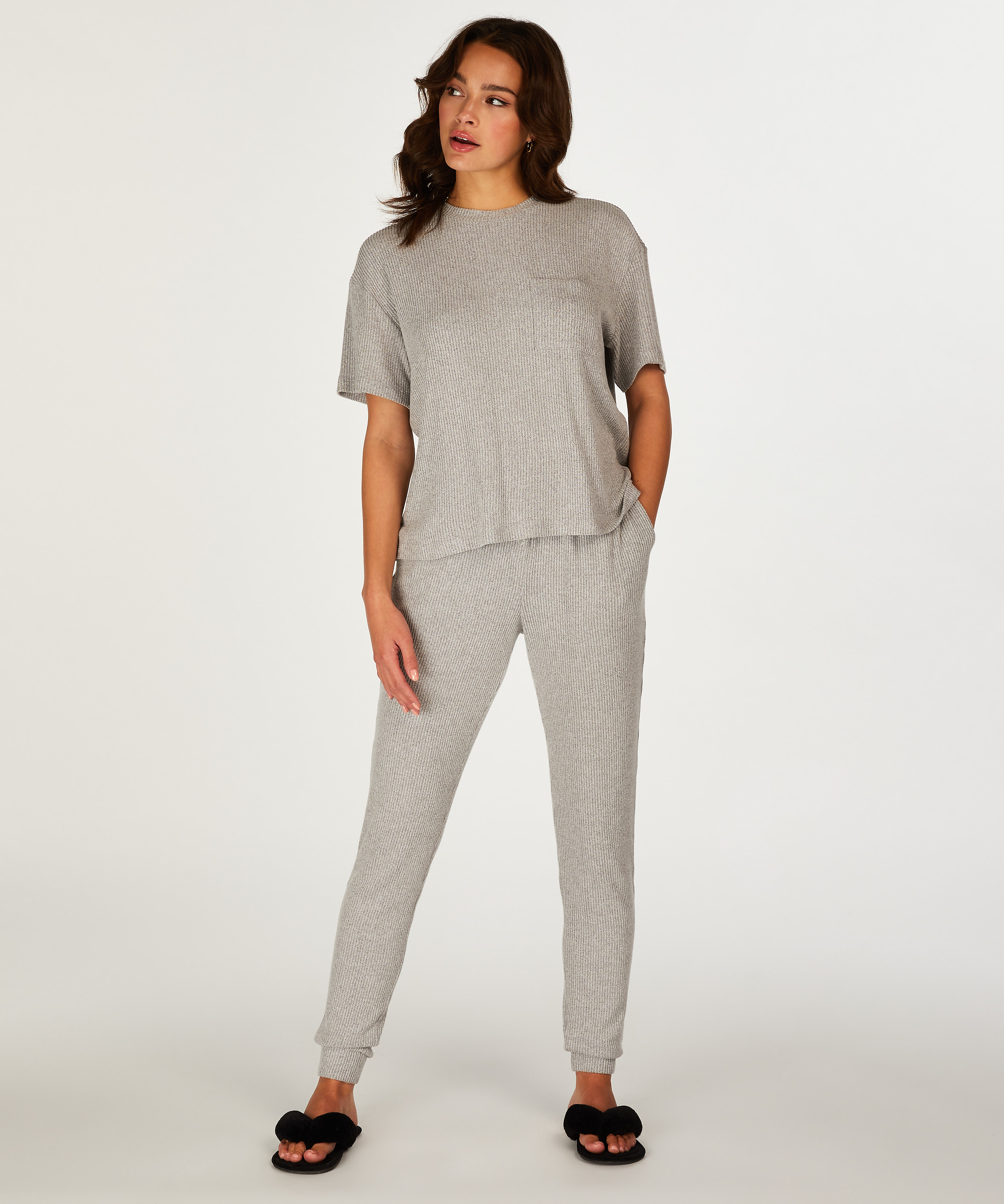 Ribstrikket kort&aelig;rmet top, Gr&aring;, main