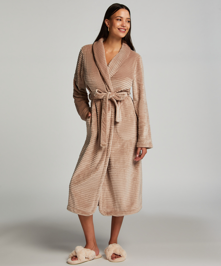 Lang ribstrikket badekåbe i fleece, Beige