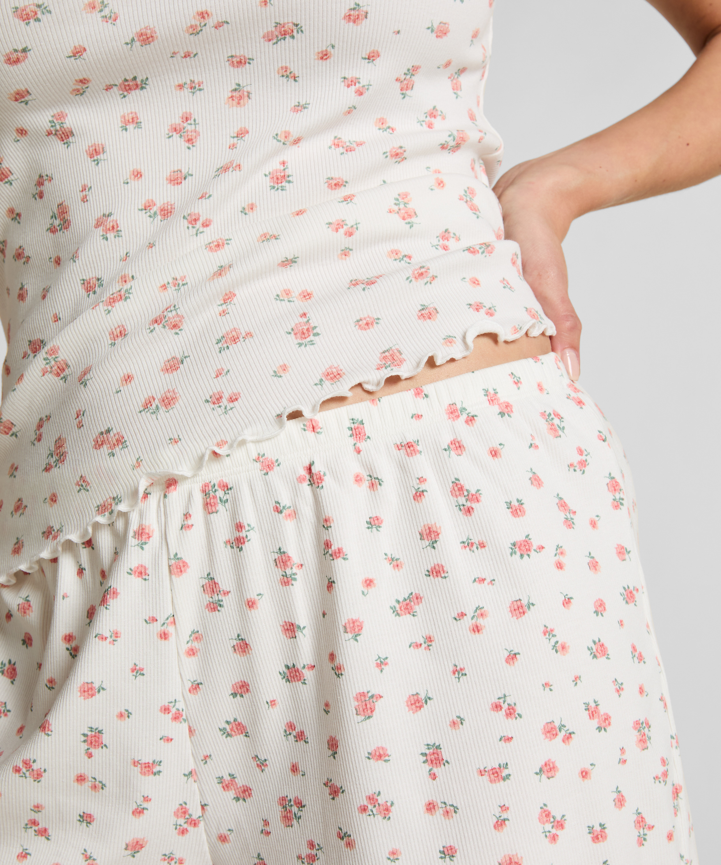 Ribstrikkede pyjamasshorts, Hvid, main