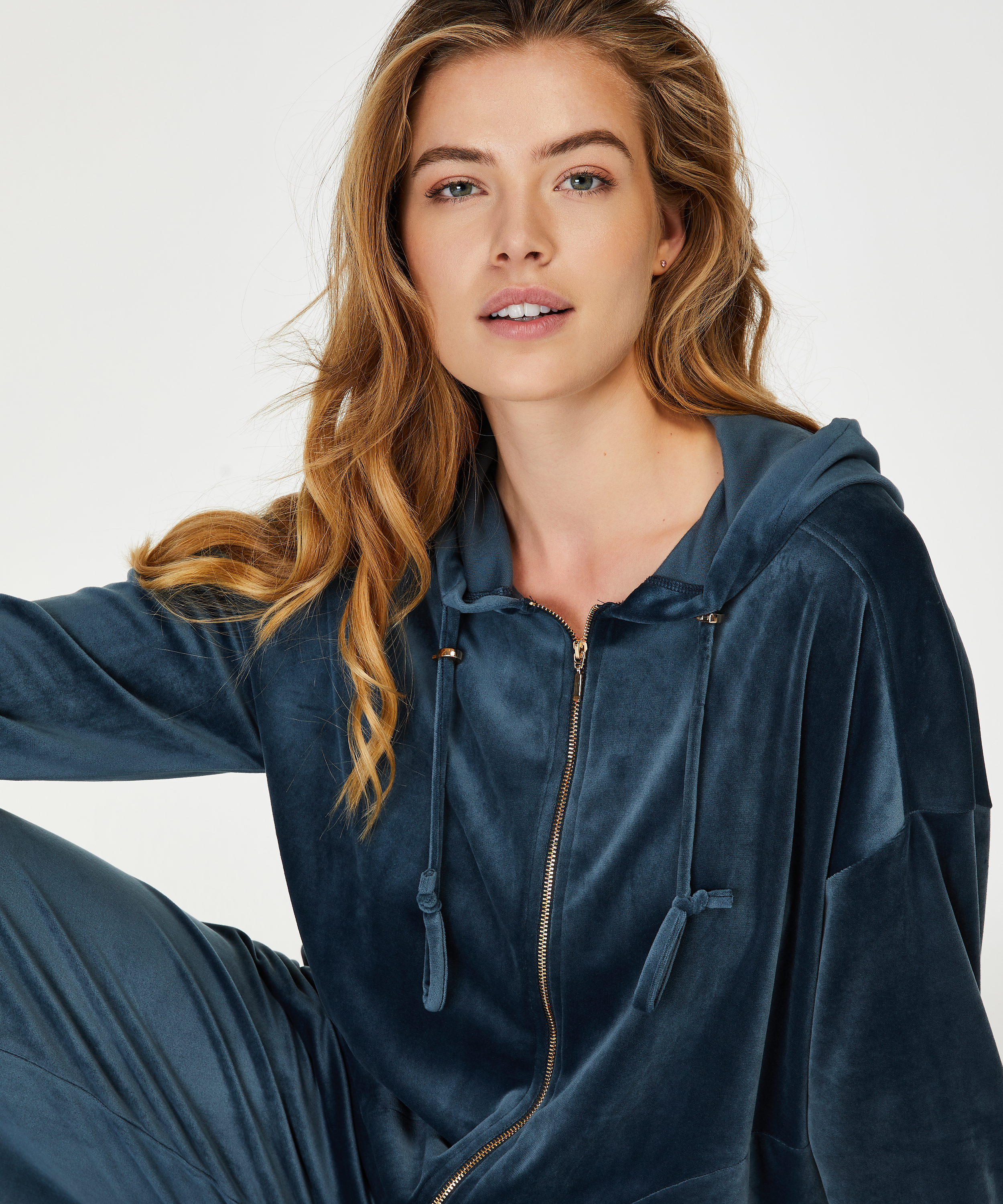 Jacket hoodie velours, Bl&aring;, main