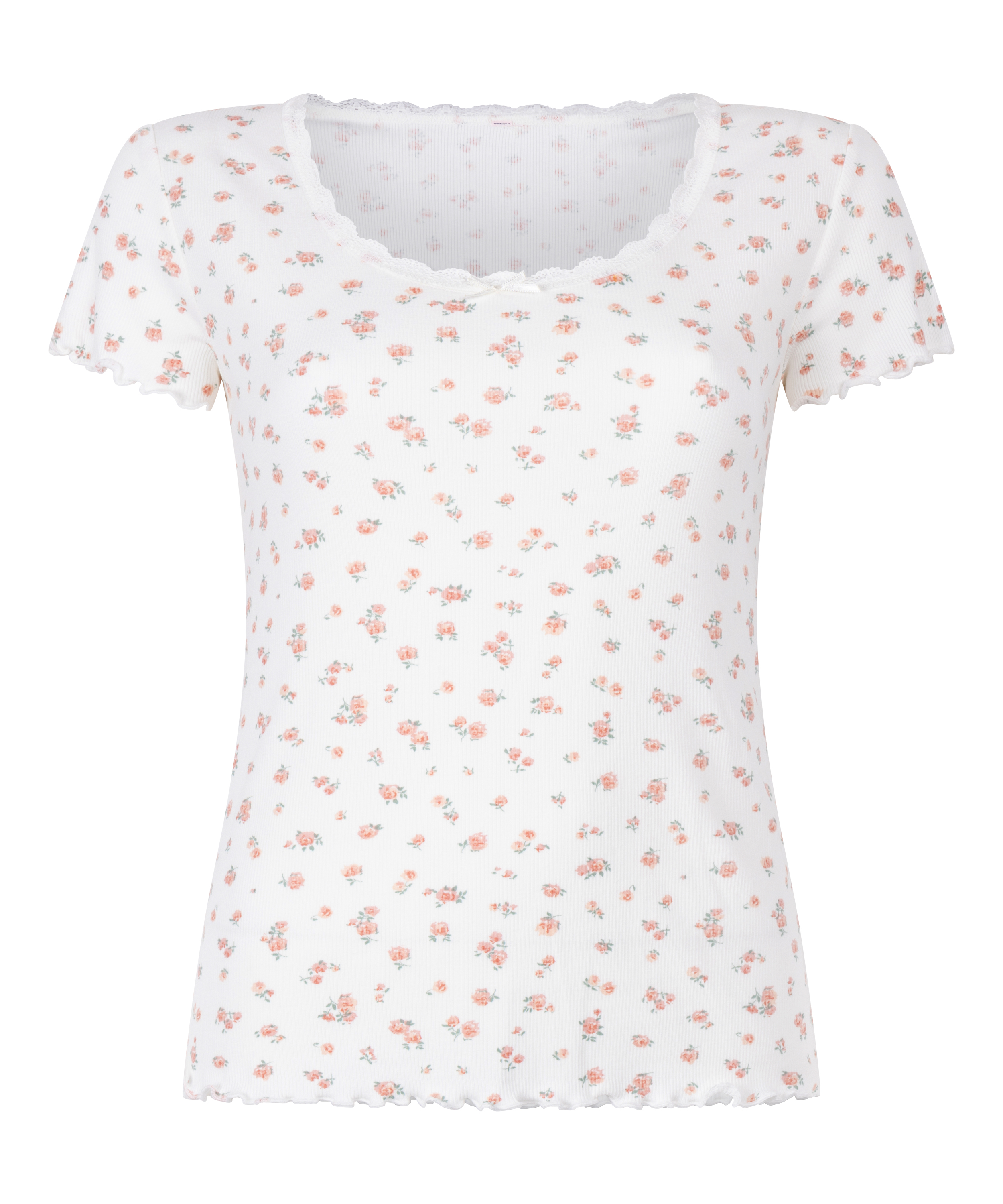 Ribstrikket kort&aelig;rmet top med blonder, Hvid, main