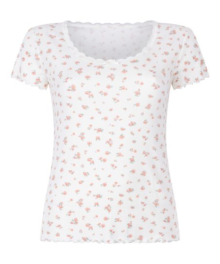 Ribstrikket kort&aelig;rmet top med blonder, Hvid