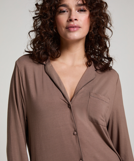 Langærmet jerseyskjortekjole Essential, Brun
