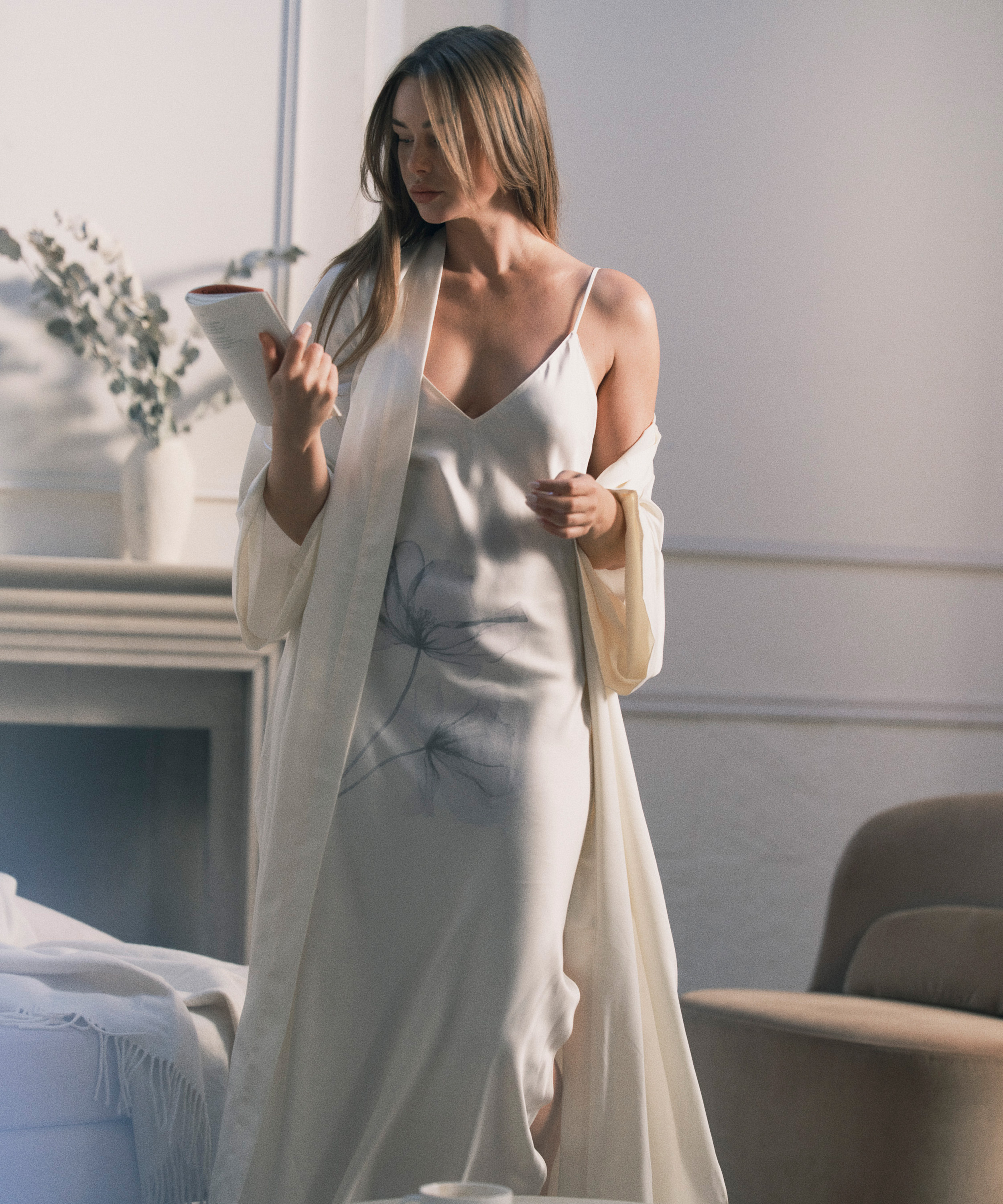 Floral lang satin kimono, Hvid, main