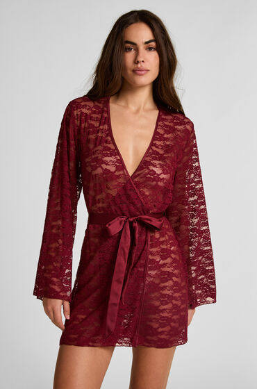 Hunkemöller Kimono i heldækkende blonde Rød