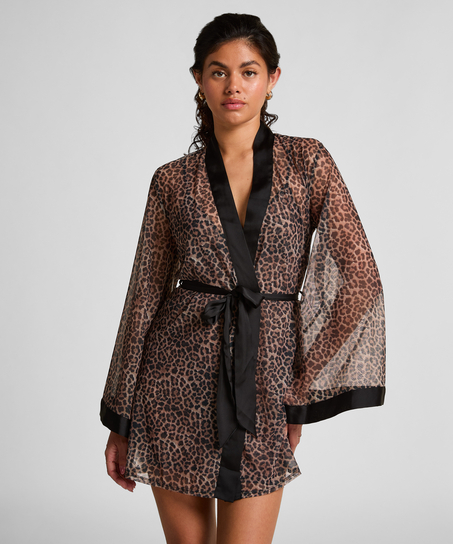 Kimono i leopardprintet mesh, Sort