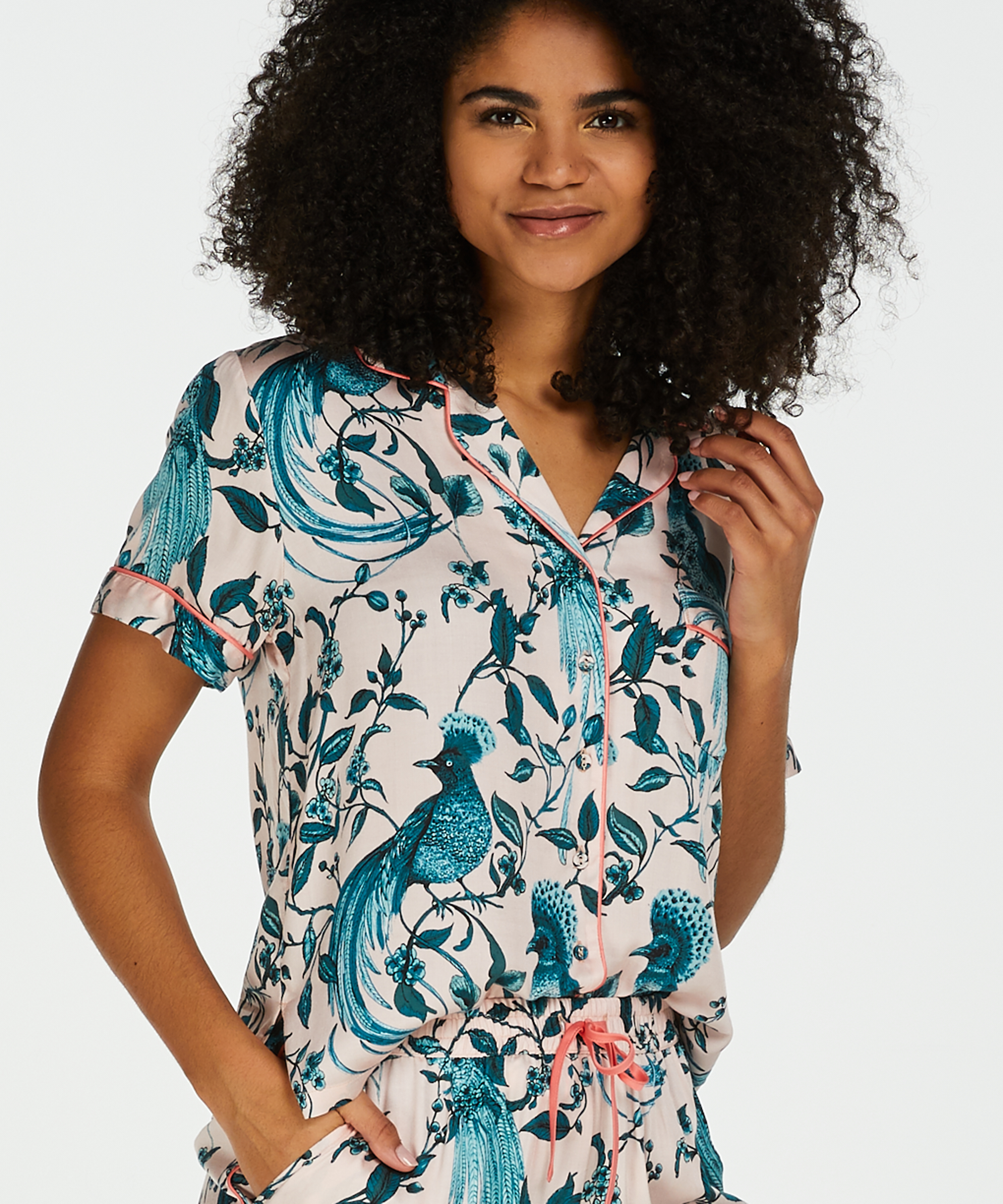 Vævet pyjamasjakke med korte ærmer, Lyserød, main