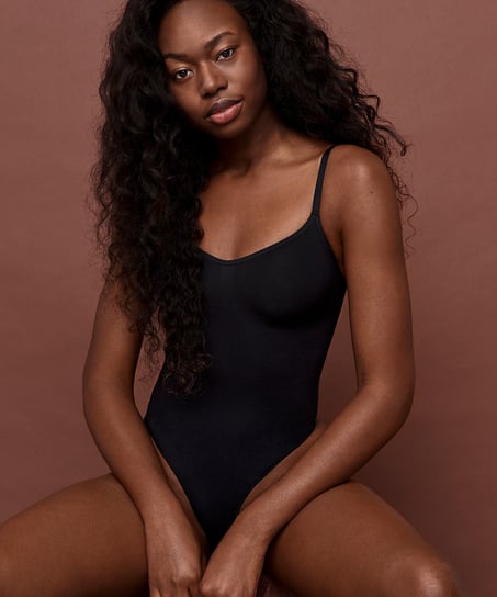 Sømløs Forstærkende High Leg Body, Sort