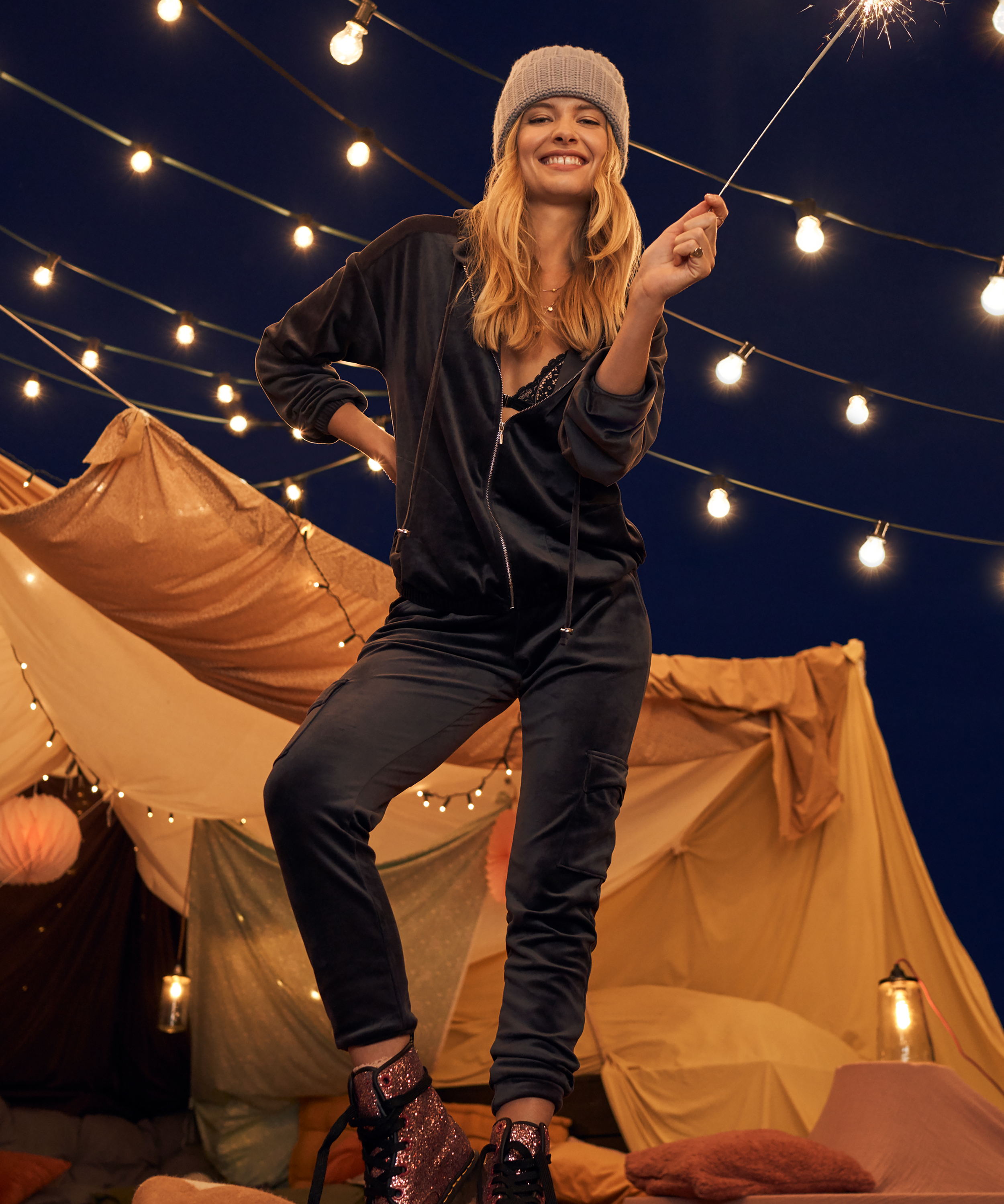 Velours joggingbukser Cargo, Gr&aring;, main