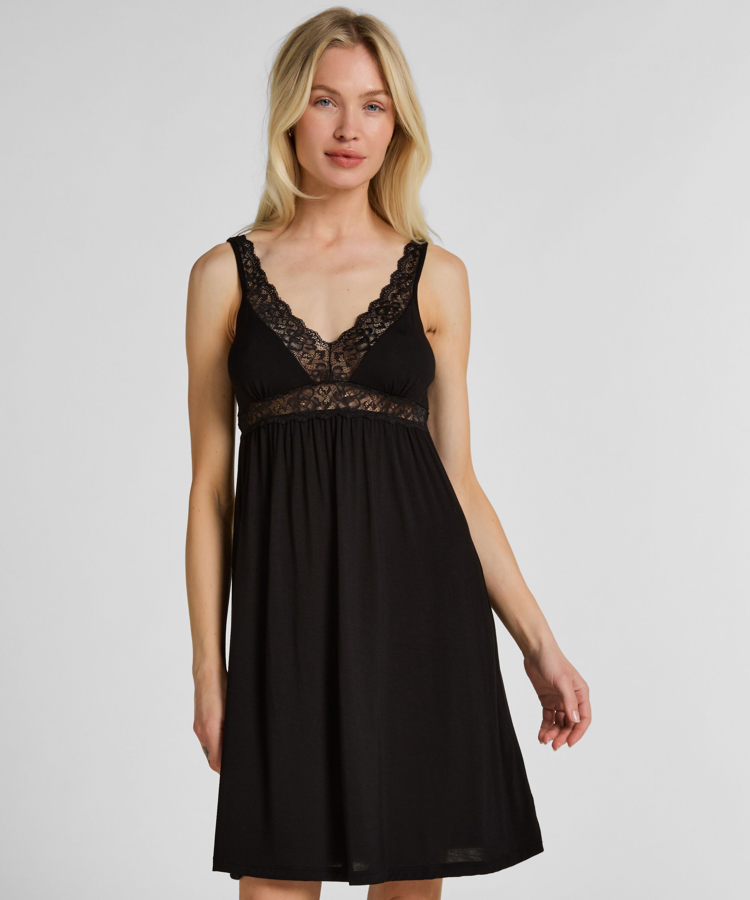 Jersey Slip Dress med Blonder, Sort