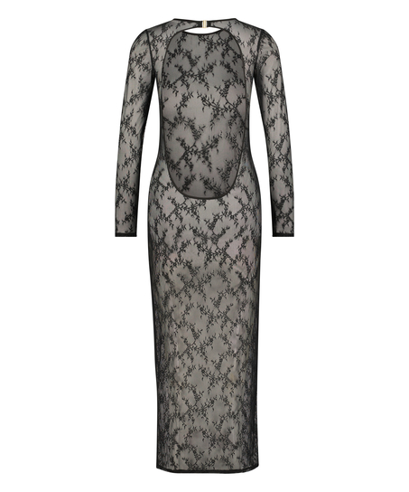 Langærmet blonde-underkjole bodycon, Sort