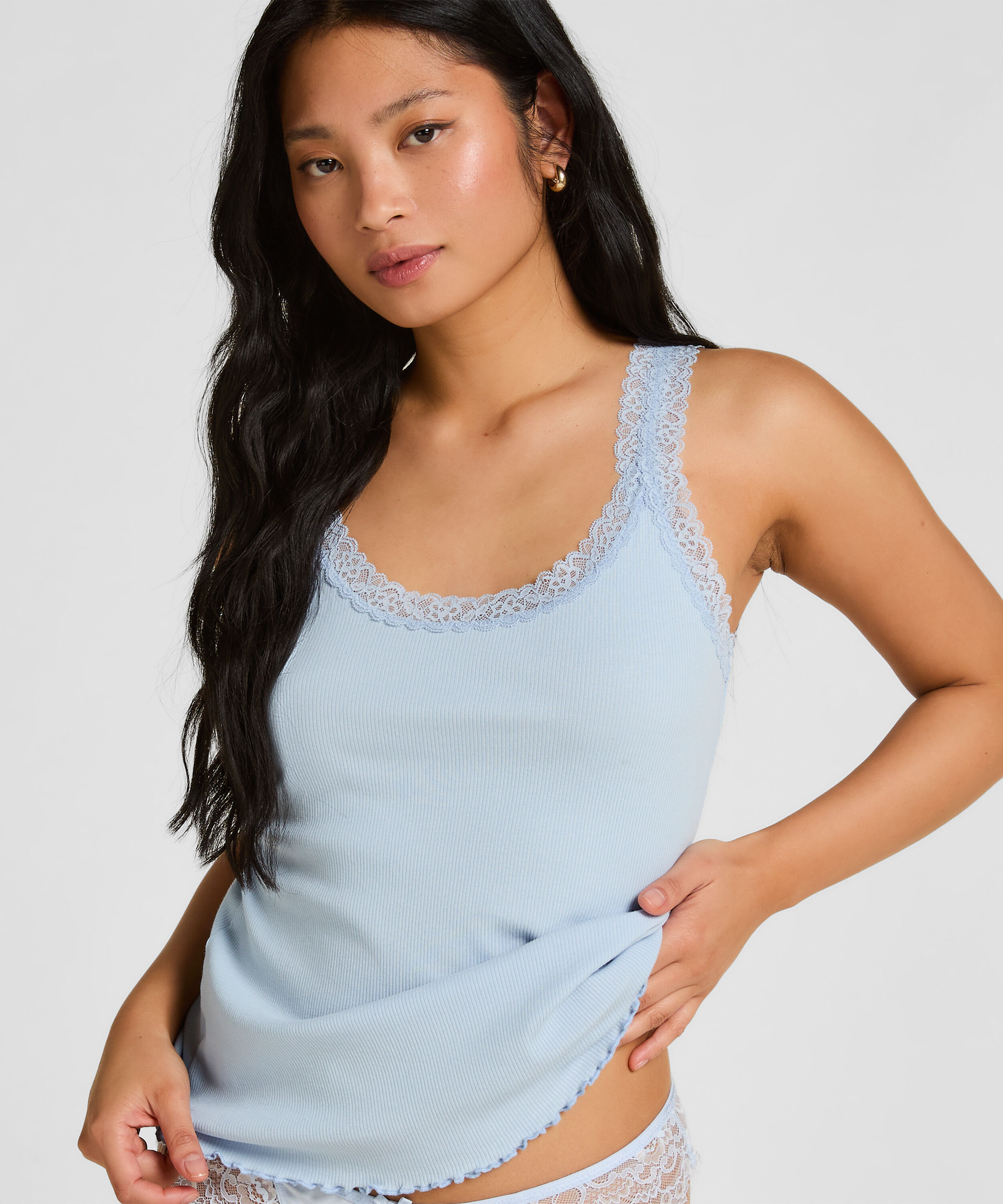 Ribbet Jersey Singlet med Blonder, Blå