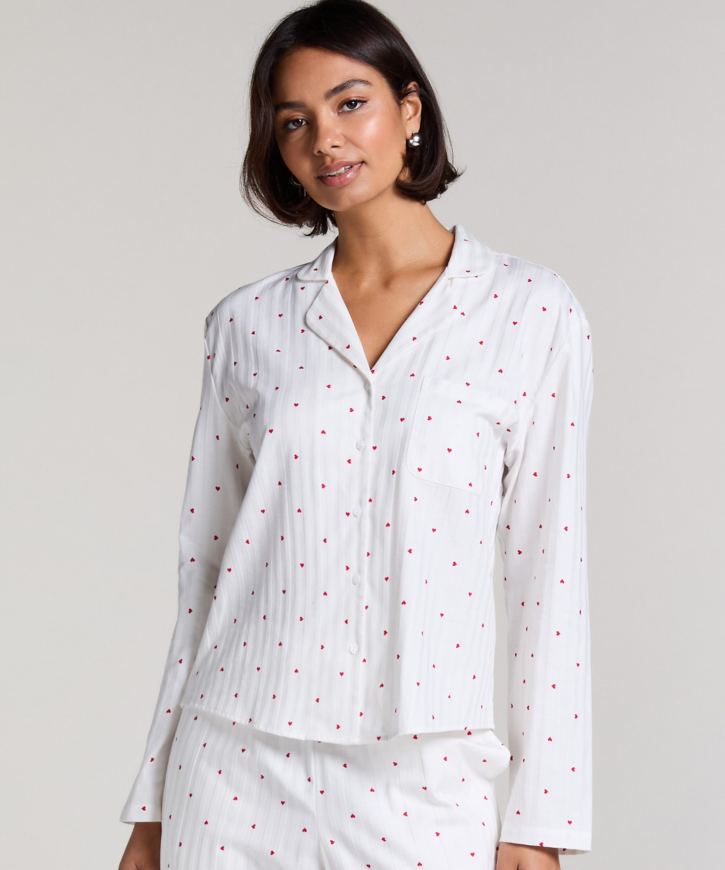 Jacquard Pyjamatop Langærmet, Hvid
