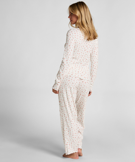 Ribstrikket pyjamastop, Hvid