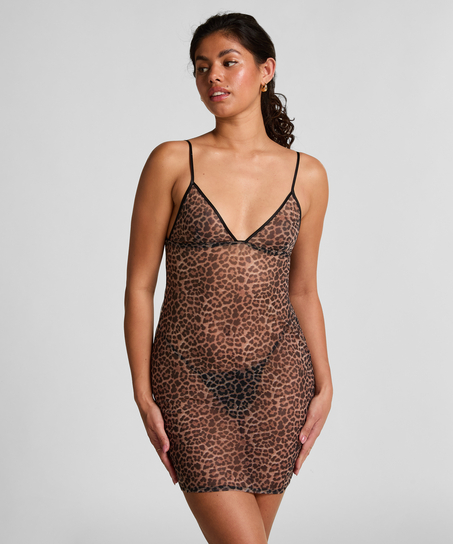 Underkjole i leopardprintet mesh, Sort