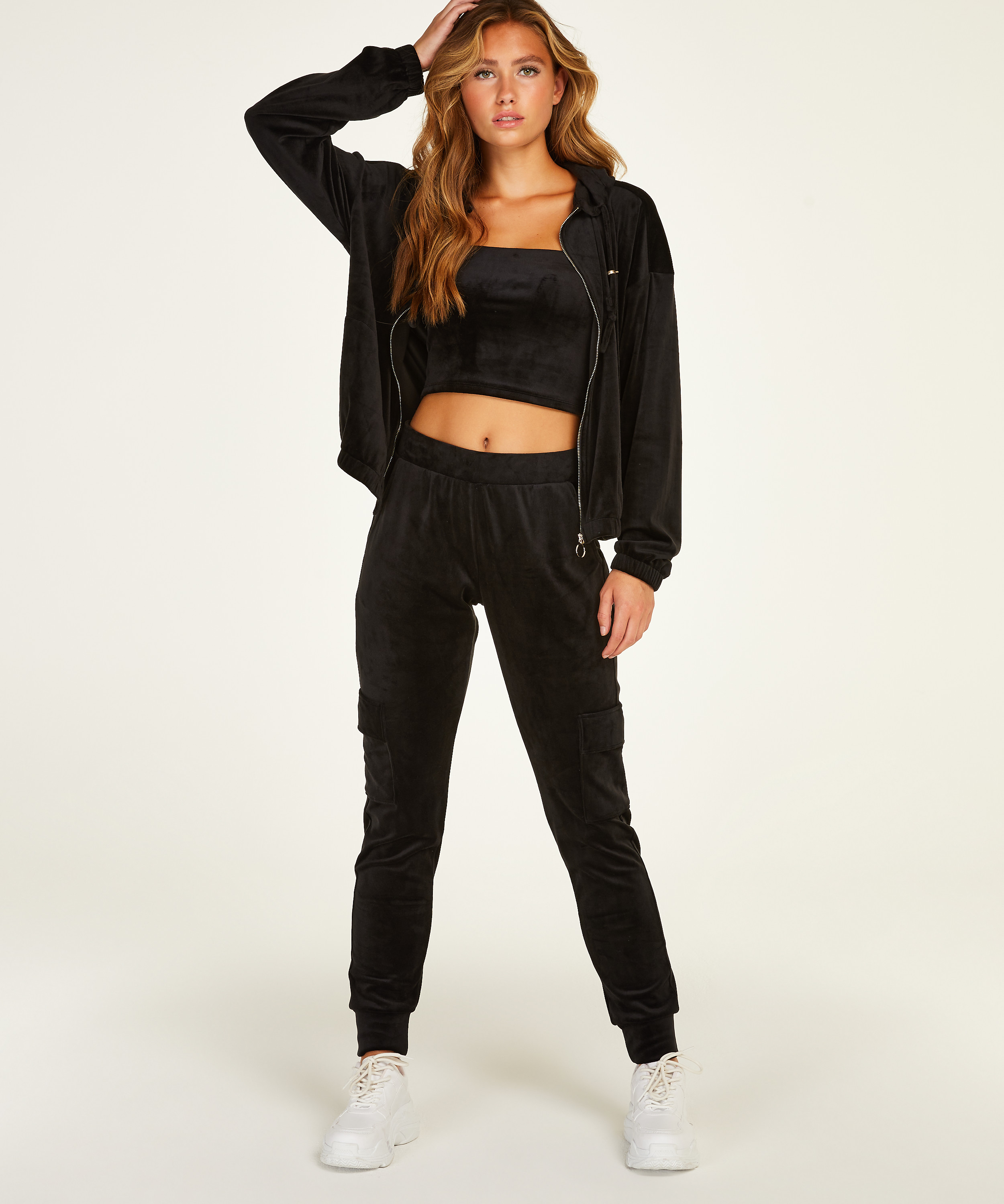 Hættejakke velour, Sort, main