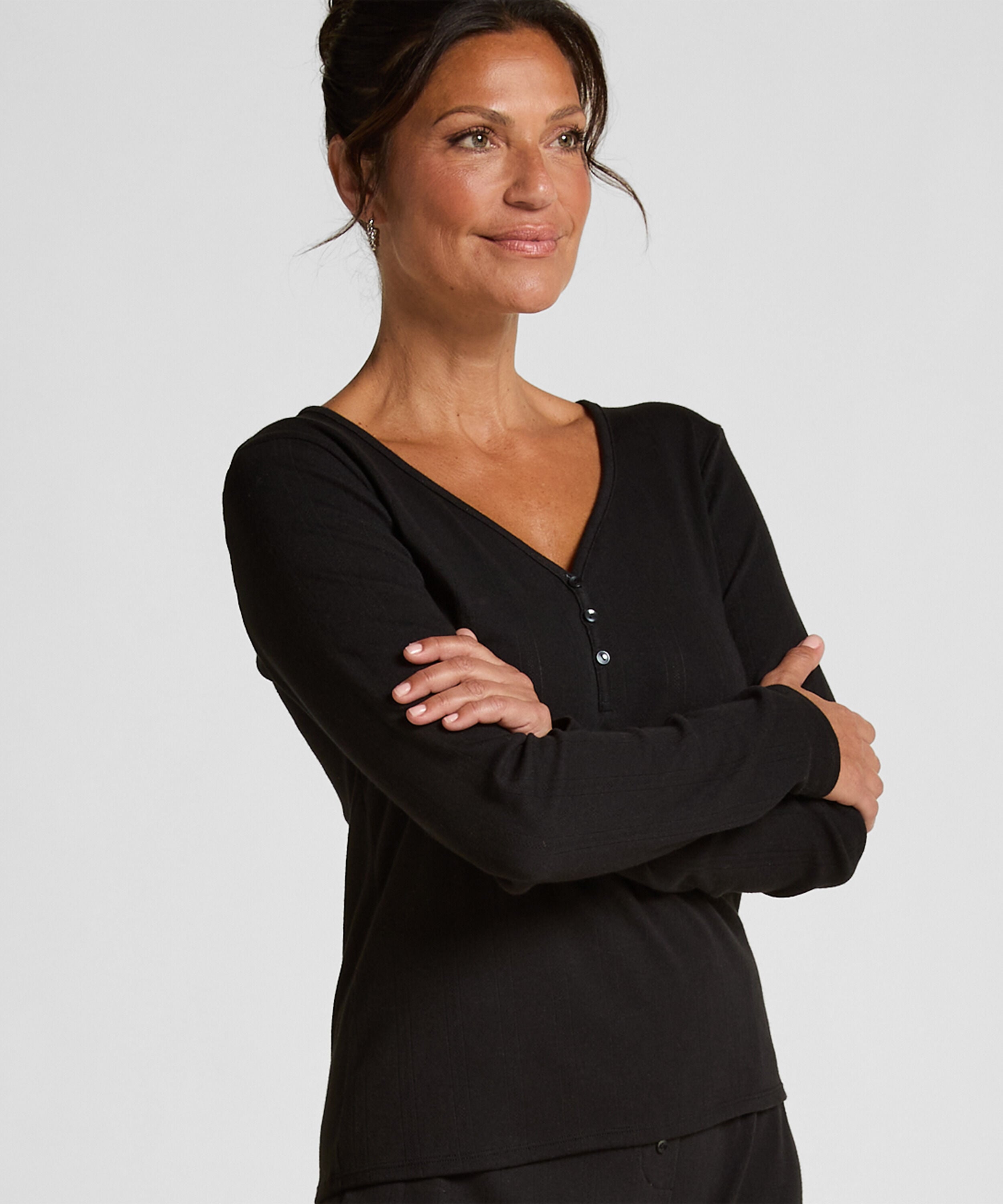Langærmet pyjamastop Henley, Sort Langærmet pyjamastop Henley, Sort