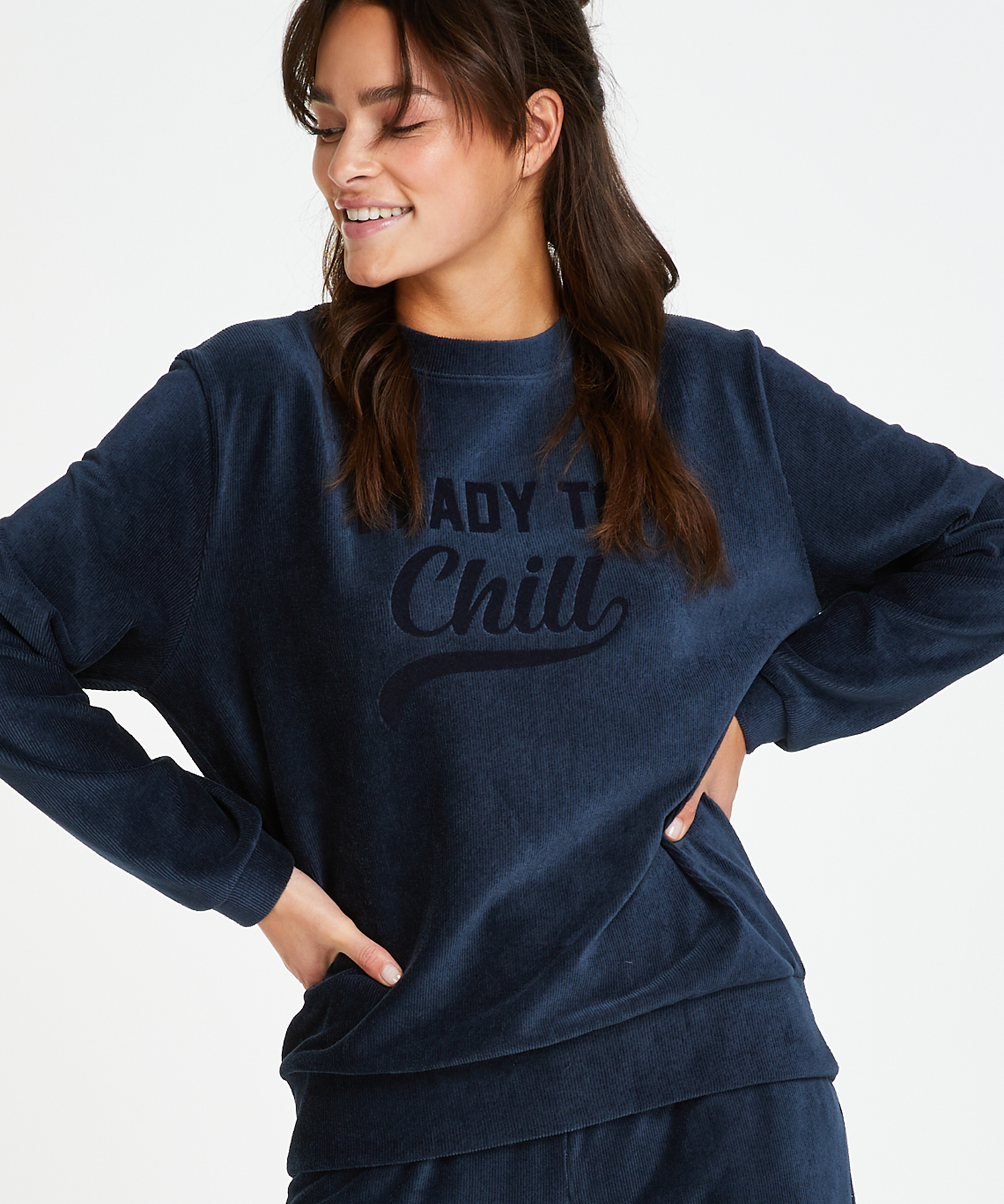 Top velour lange &aelig;rmer, Bl&aring;, main