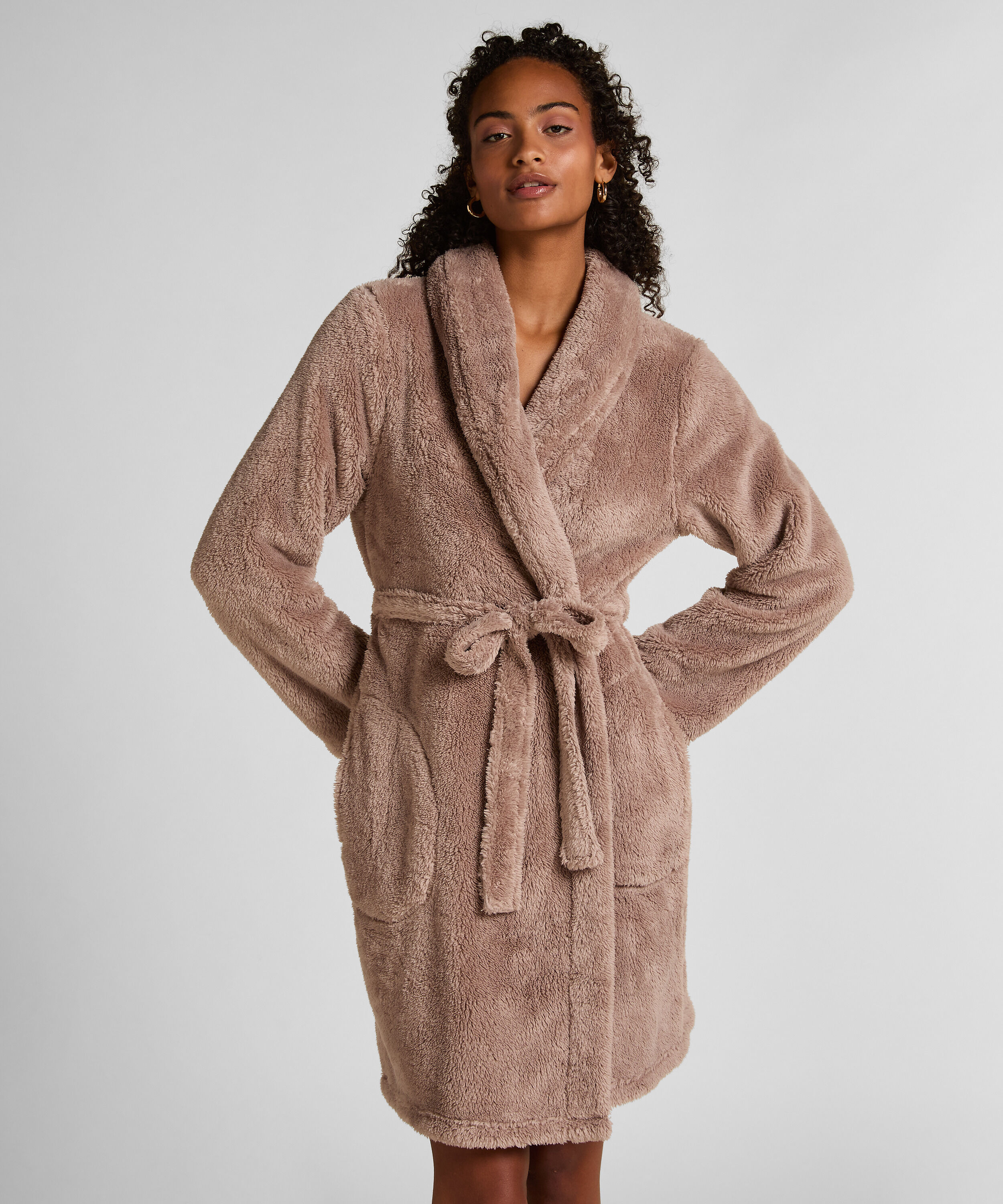 Morgenkåbe i fluffy fleece, Beige
