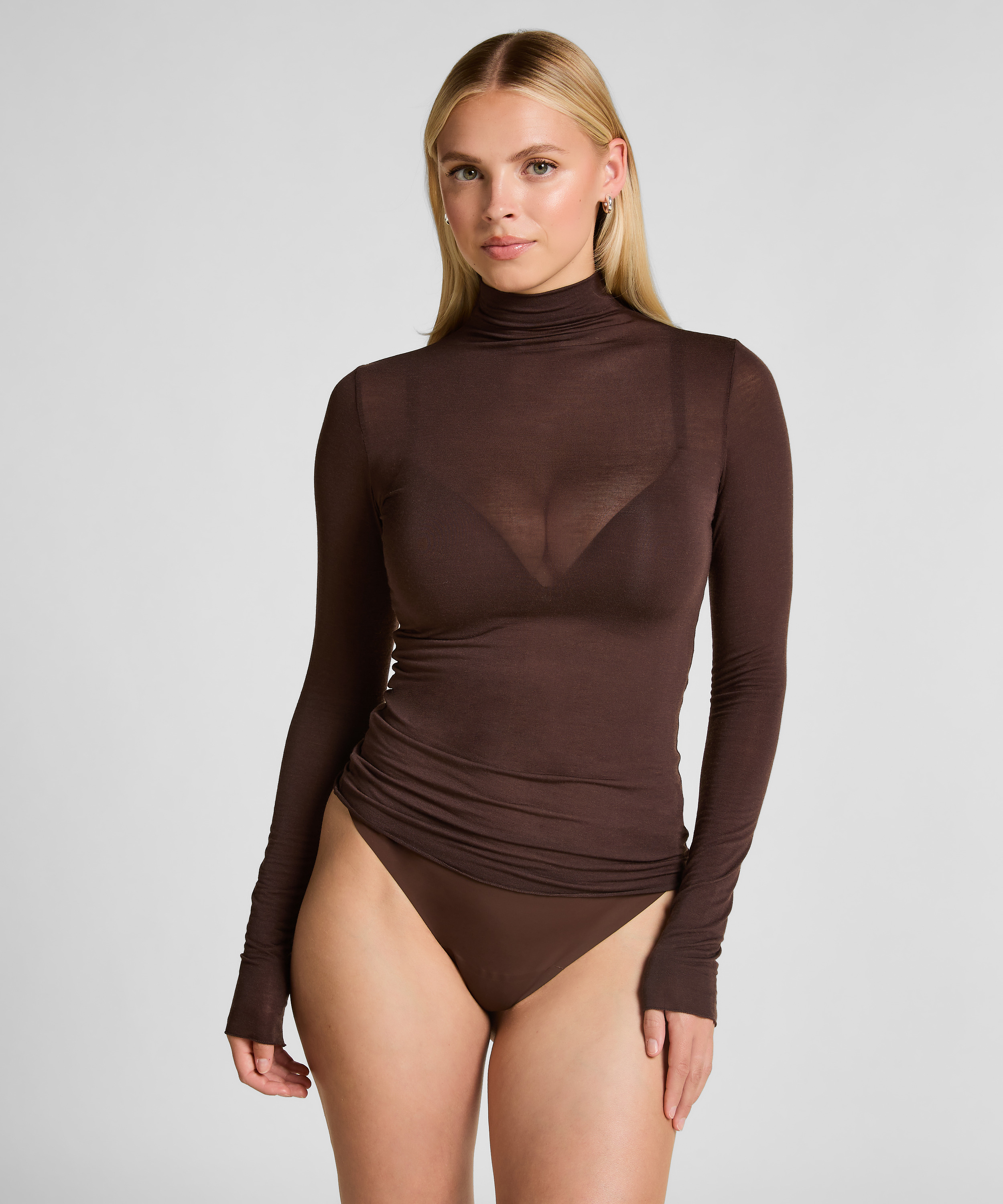 super soft rullekrave bluse med cashmere, Brun, main