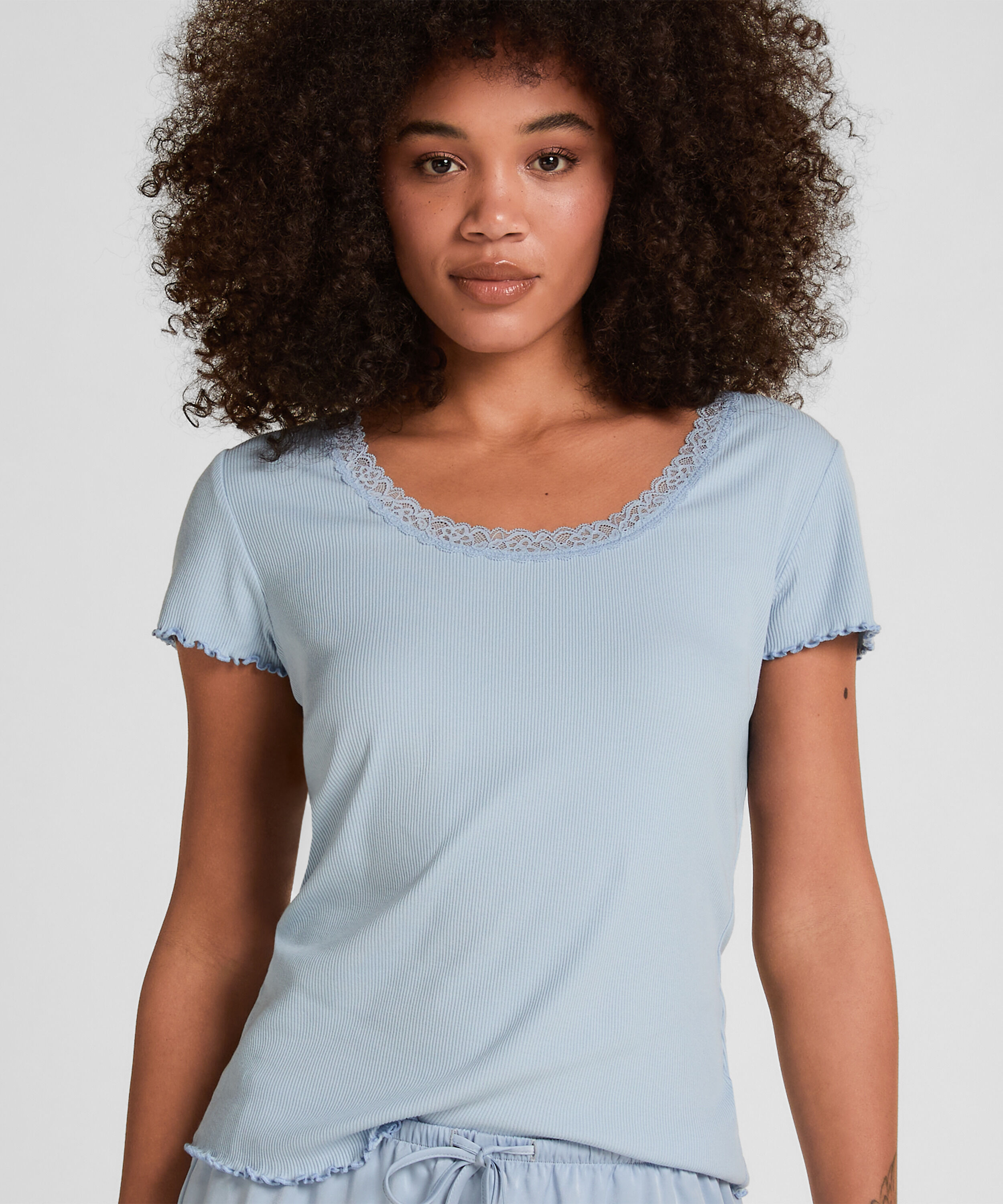 Pyjamas Top Jersey Rib med Blonder, Blå Pyjamas Top Jersey Rib med Blonder, Blå