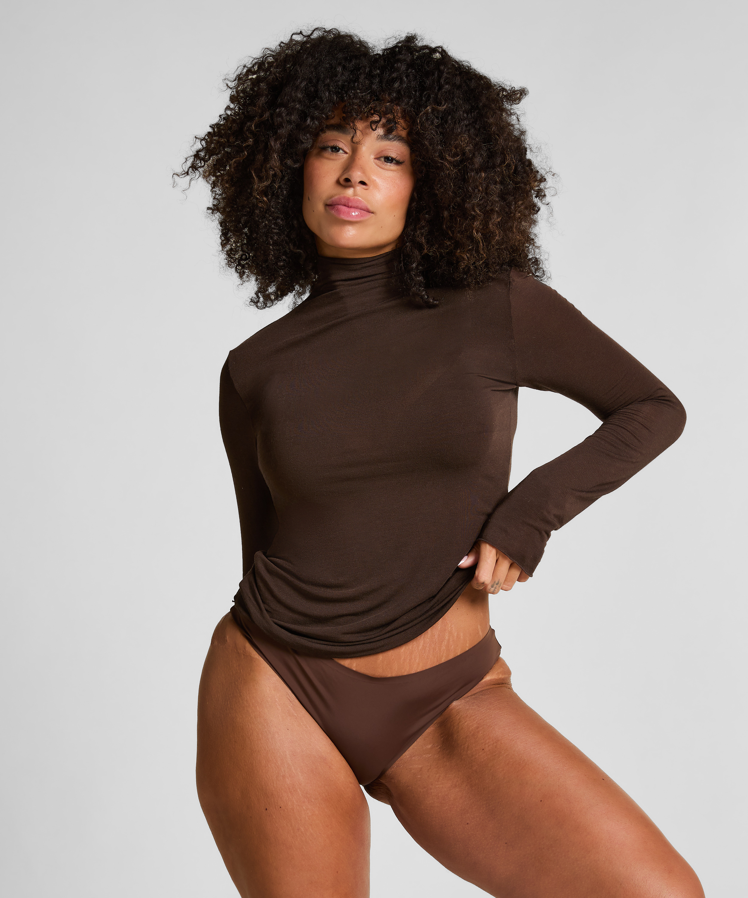 super soft rullekrave bluse med cashmere, Brun, main