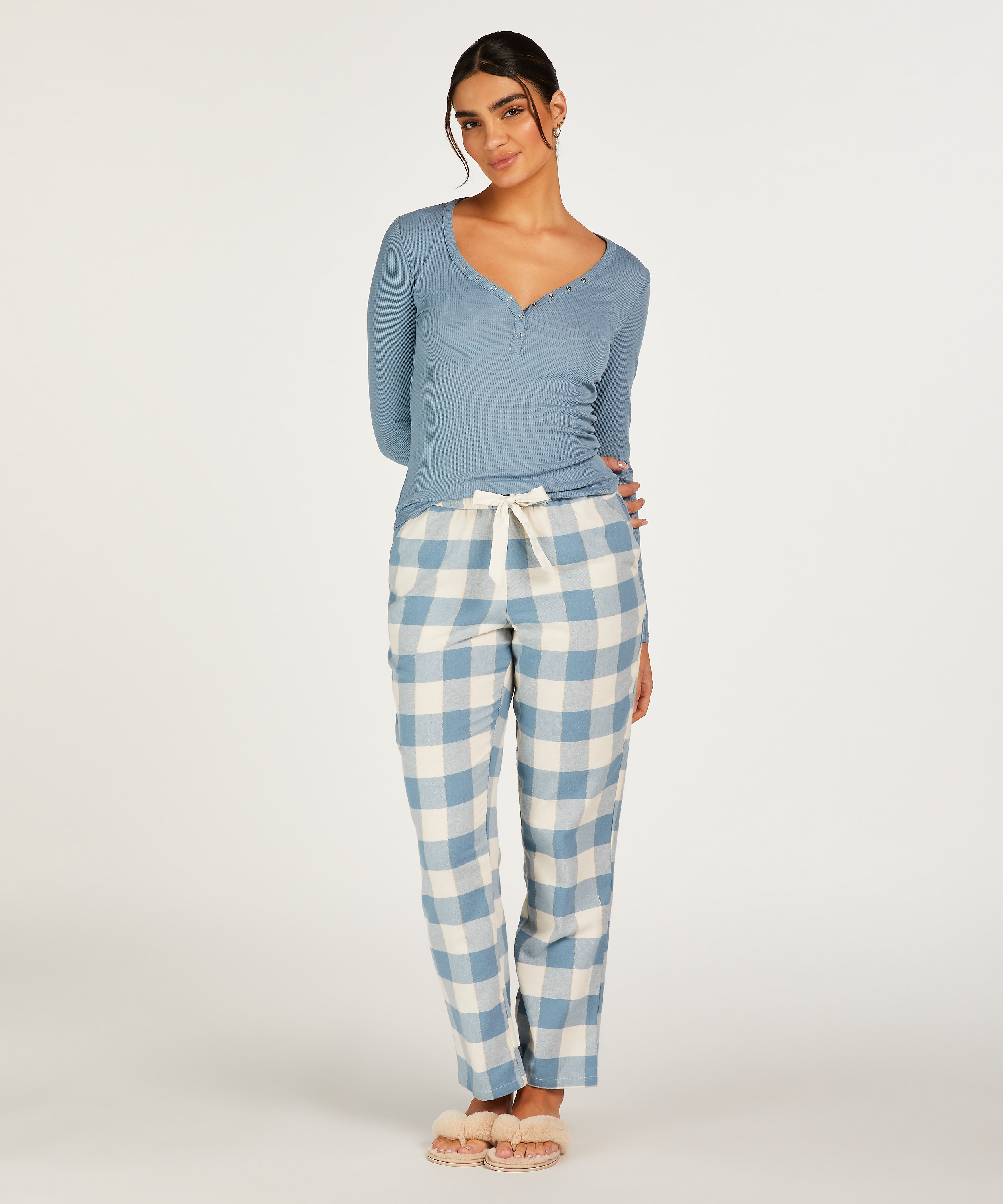 Pyjamastop med lange ærmer, blå, main