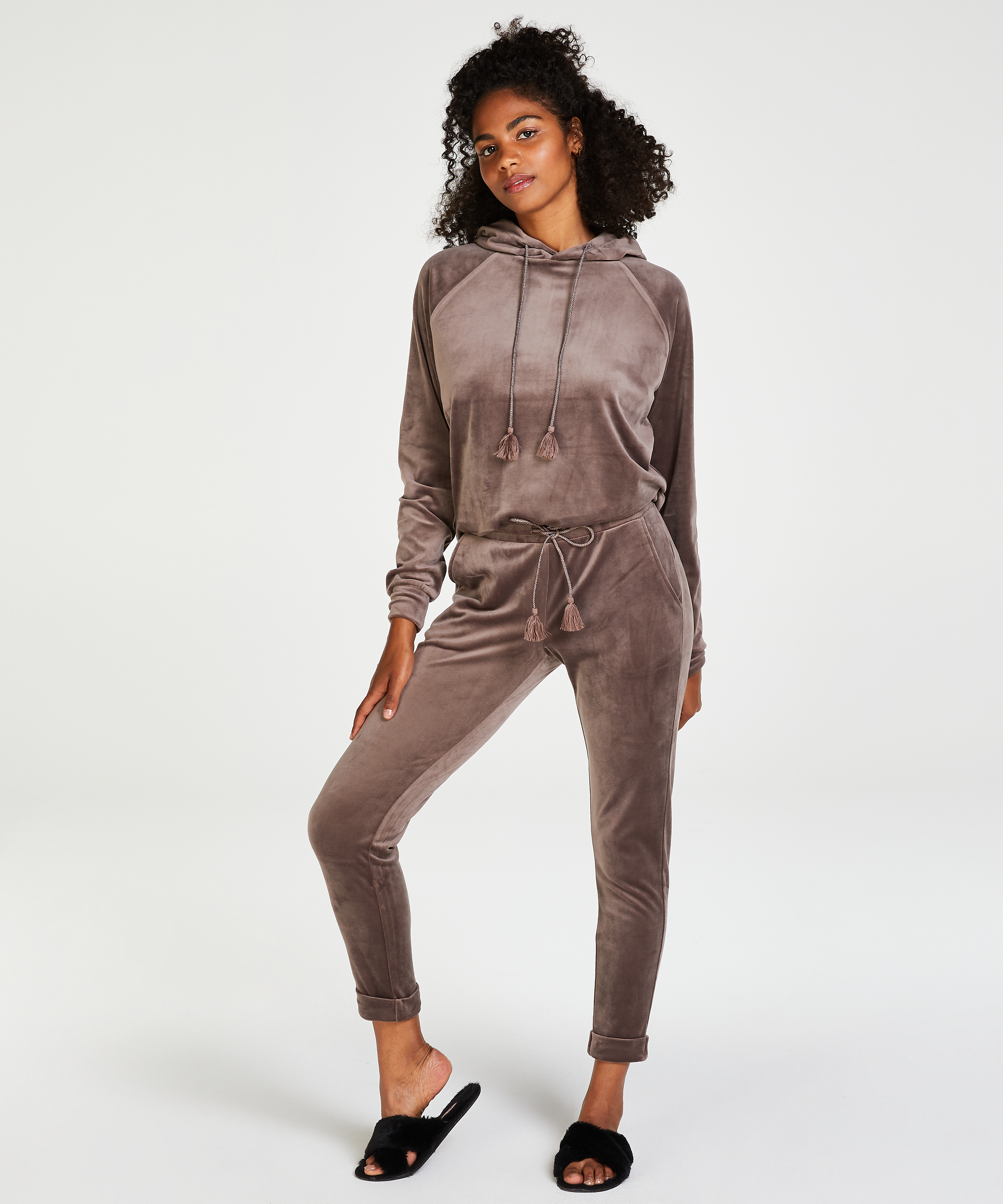 Hoodie i velours, Brun, main