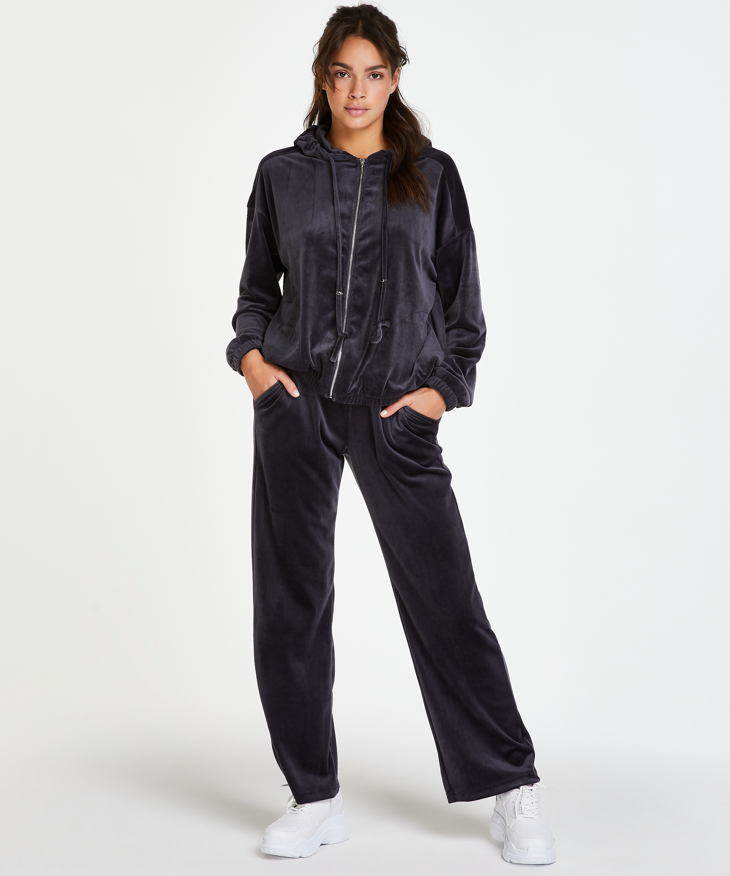 Jacket hoodie velours, Grå, main