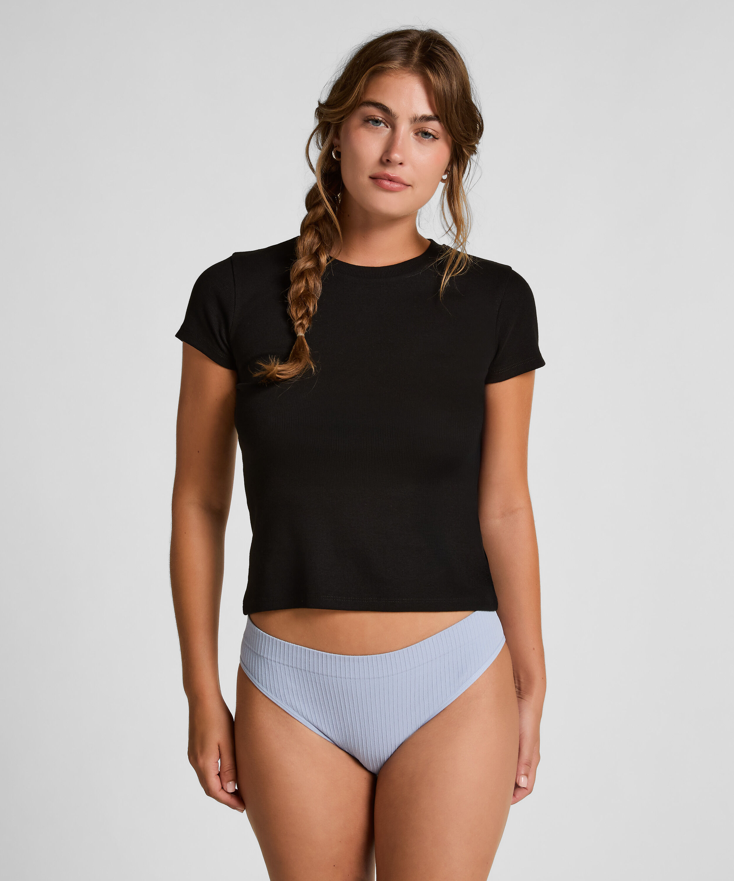 Crew neck pyjamastop i rib med korte &aelig;rmer, Sort